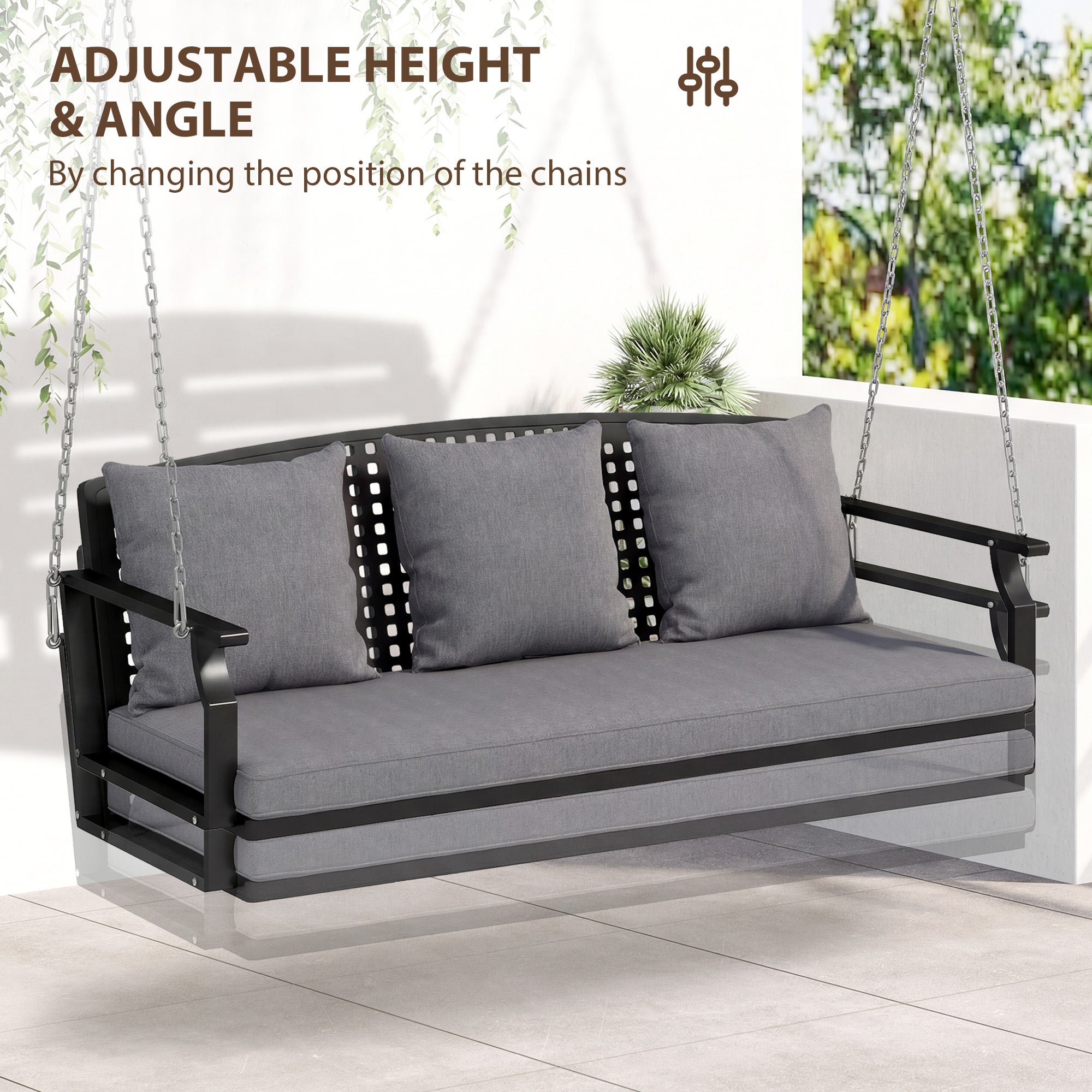 3-Seater Hanging Bench – Steel Porch Swing with 3 Back Cushions, Weather-Resistant, Holds up to 794 lb, Gray (60.6 x 26.0 x 20.1 in)