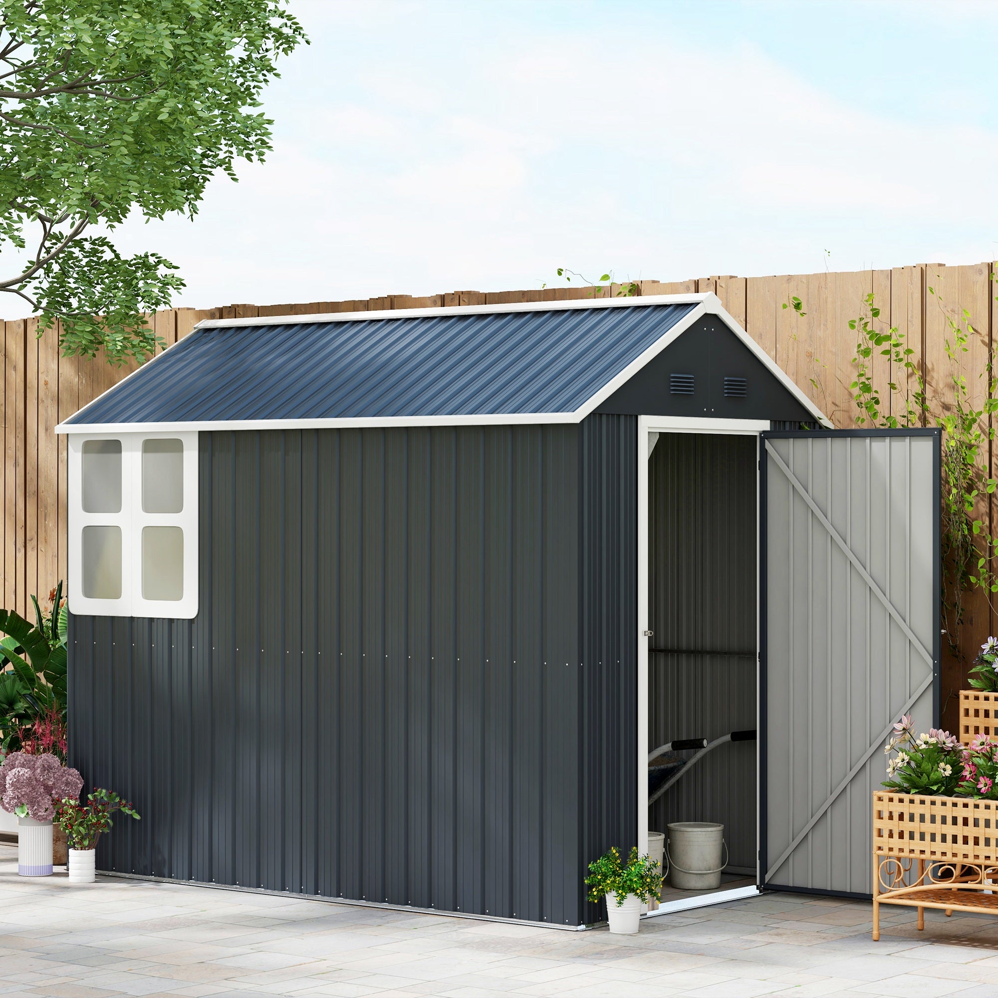 Steel Tool Shed, 4㎡ Garden House with Window Lockable Garden Cabinet, 259 x 172 x 222 cm Shed for Balcony, Terrace, Dark Grey