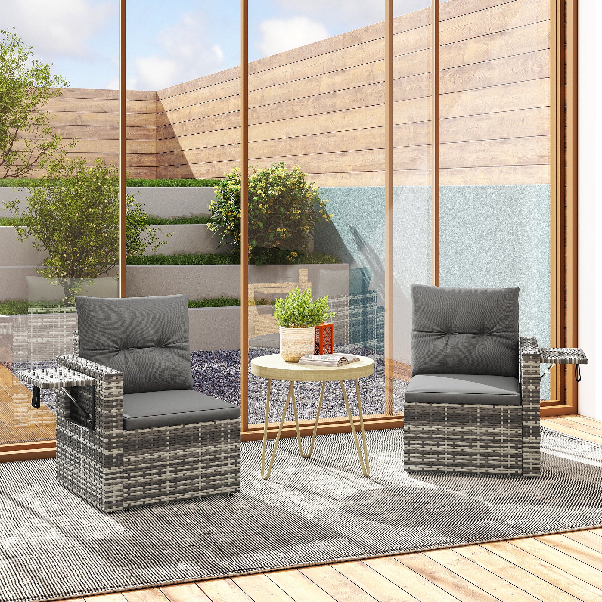 2-Seater Outdoor Rattan Sofa with Cushions — Convertible, Fold-Out Side Trays, Weather-Resistant, Light Grey Synthetic Rattan