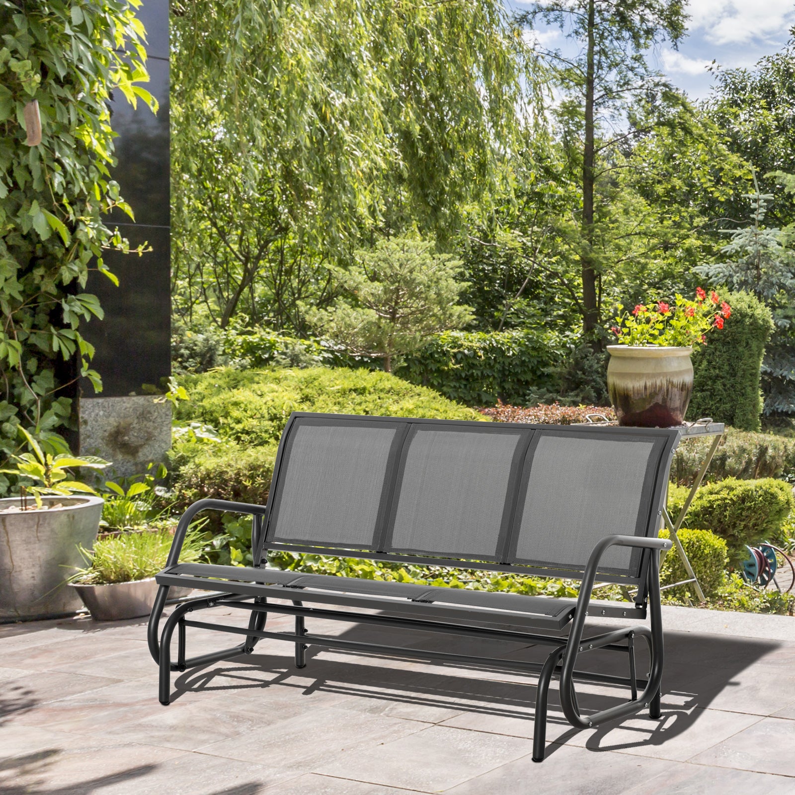 3-Seat Garden Rocking Bench in Metal and Breathable Mesh Fabric, 147x70x85cm, Gray