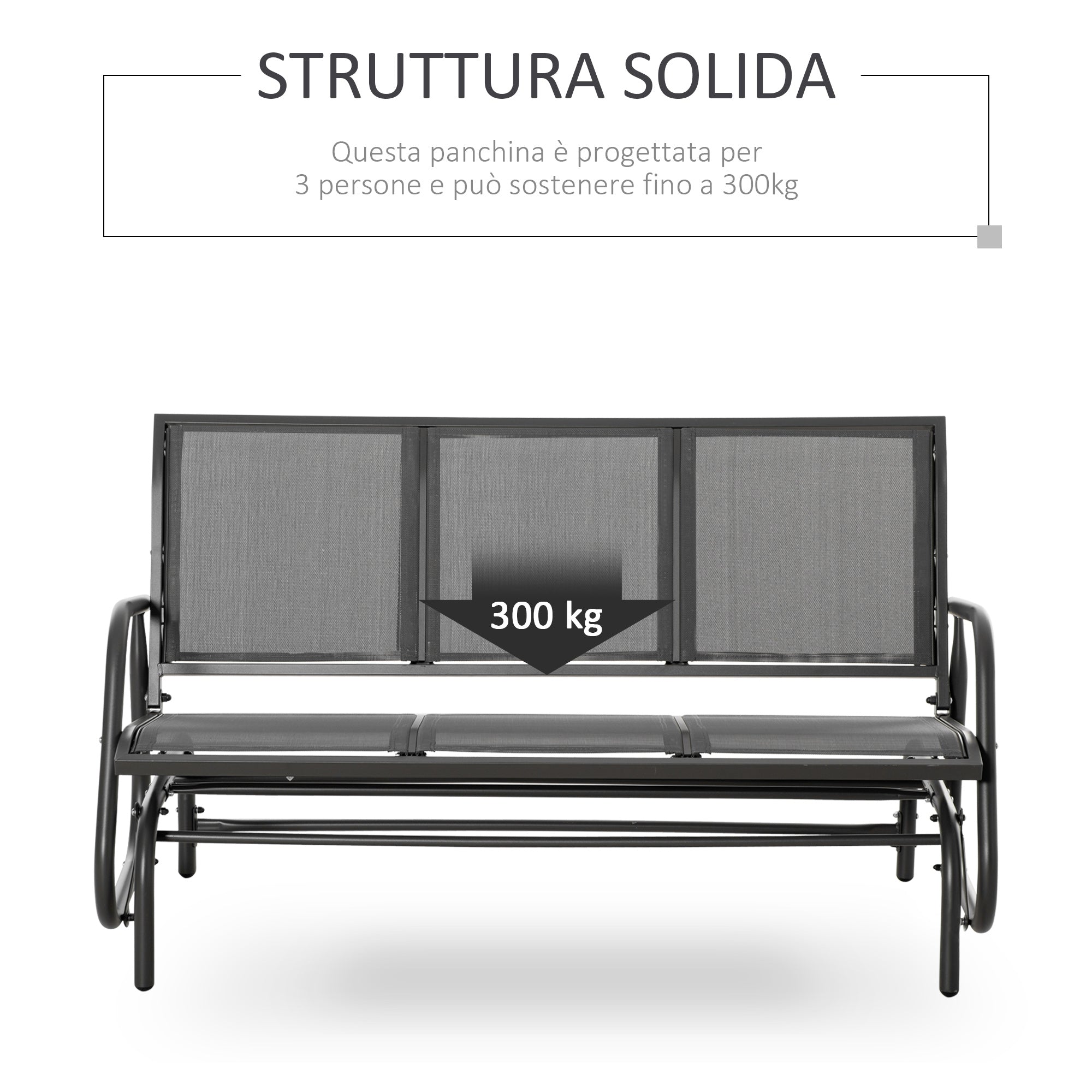 3-Seat Garden Rocking Bench in Metal and Breathable Mesh Fabric, 147x70x85cm, Gray