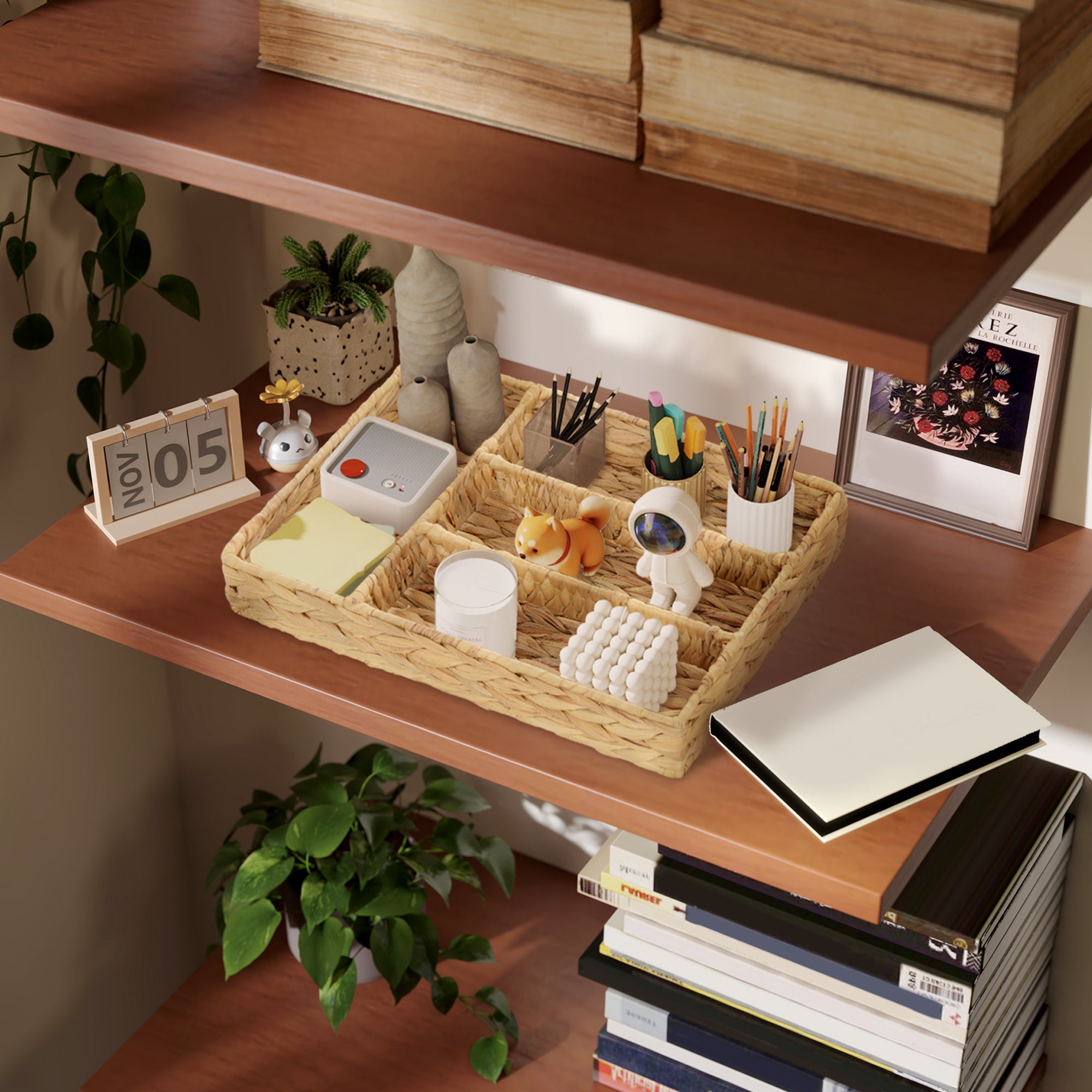 Rectangular Storage Basket, Water Hyacinth Woven Storage Basket with 4 Compartments, Storage Basket for Kitchen, Bathroom, Bedroom, Natural