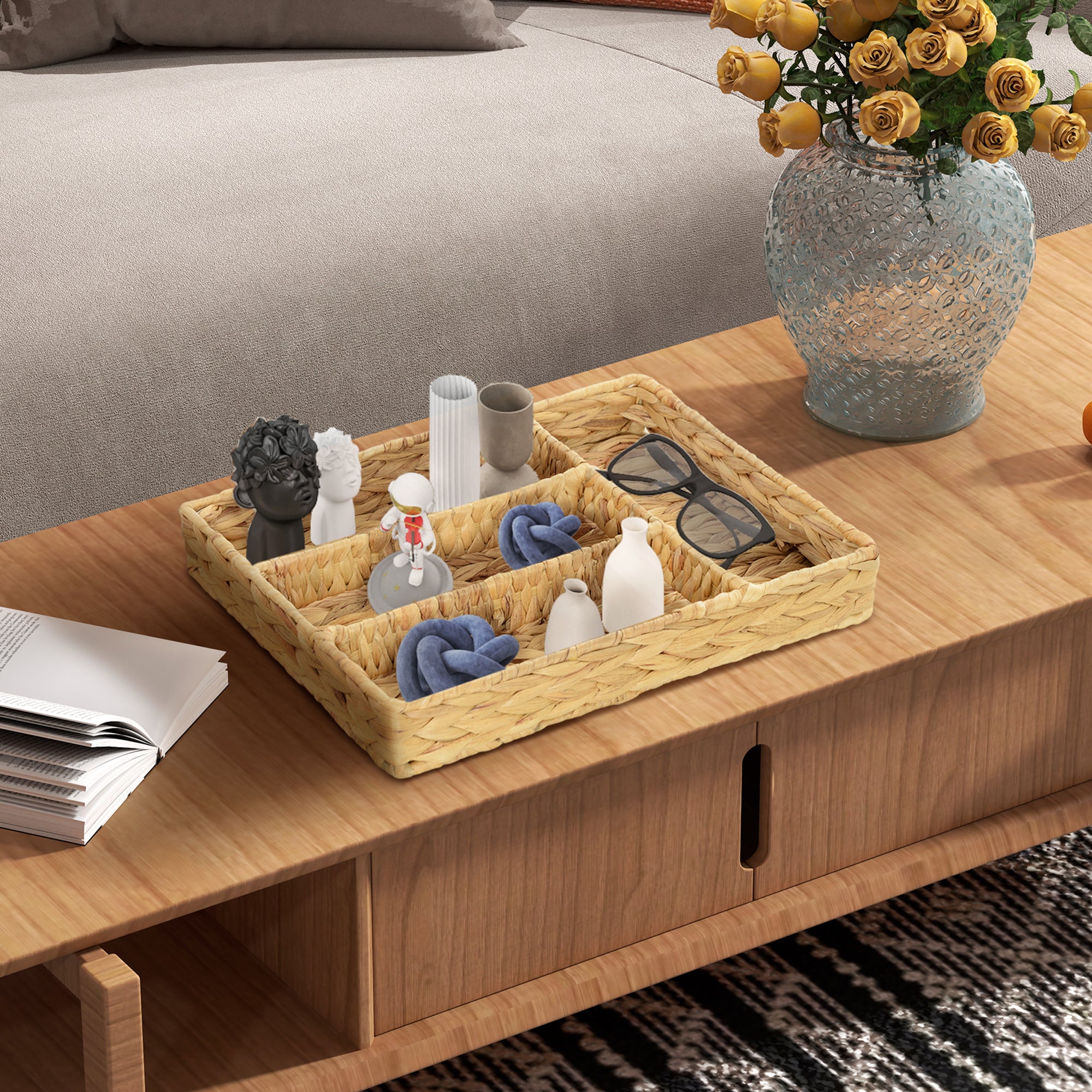 Rectangular Storage Basket, Water Hyacinth Woven Storage Basket with 4 Compartments, Storage Basket for Kitchen, Bathroom, Bedroom, Natural