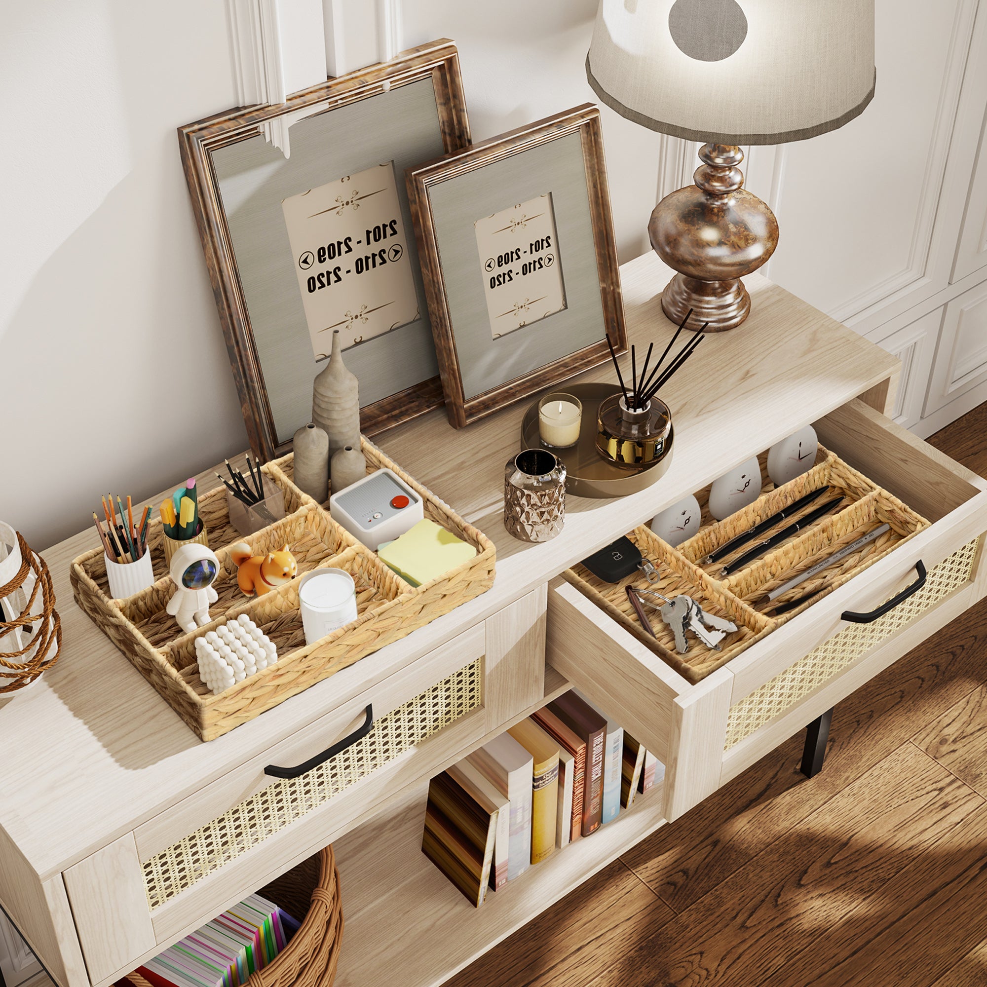 Rectangular Storage Basket, Water Hyacinth Woven Storage Basket with 4 Compartments, Storage Basket for Kitchen, Bathroom, Bedroom, Natural