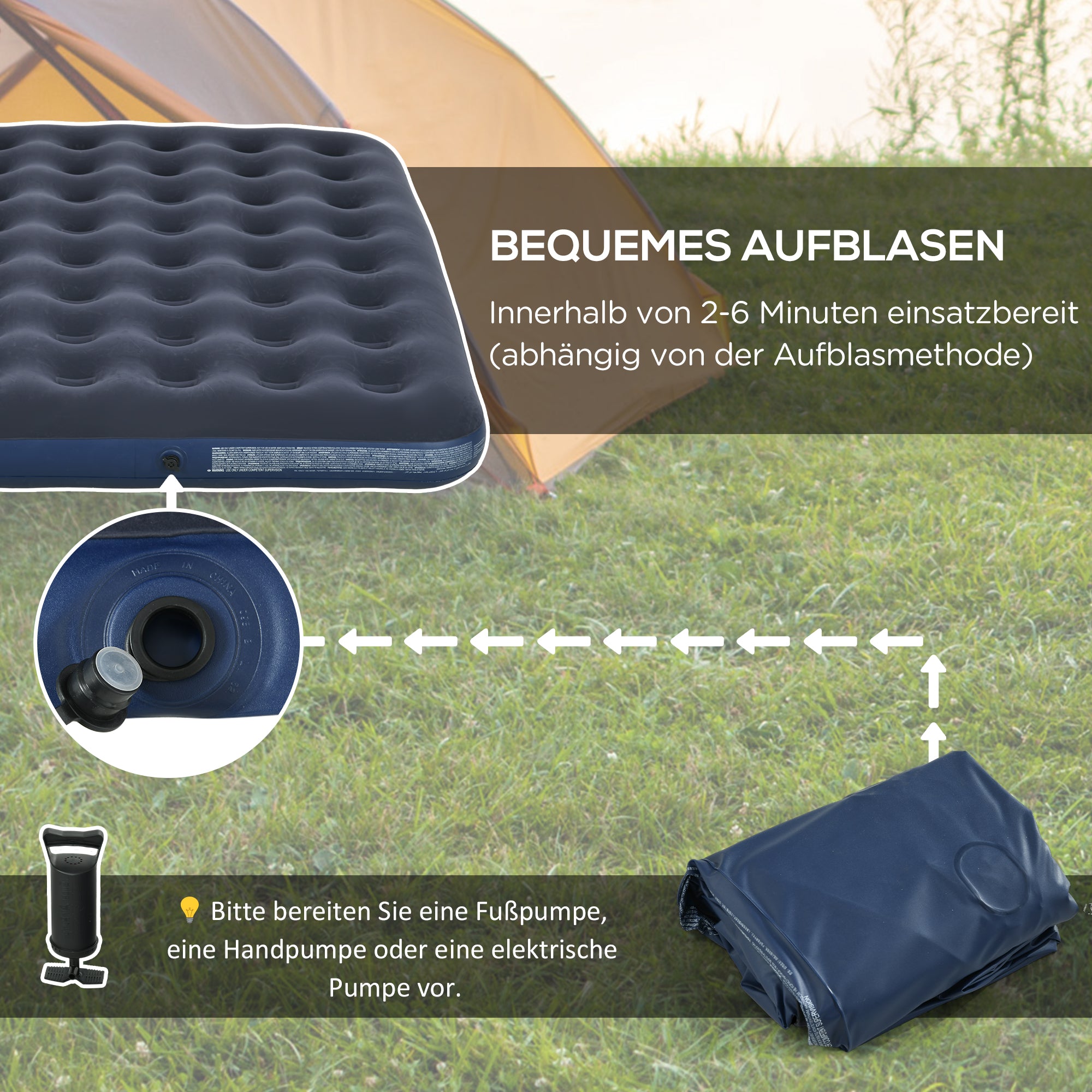 Air Bed, Air Mattress, Foldable Camping Bed for 2 People, Dark Blue, 203 x 152 x 22 cm