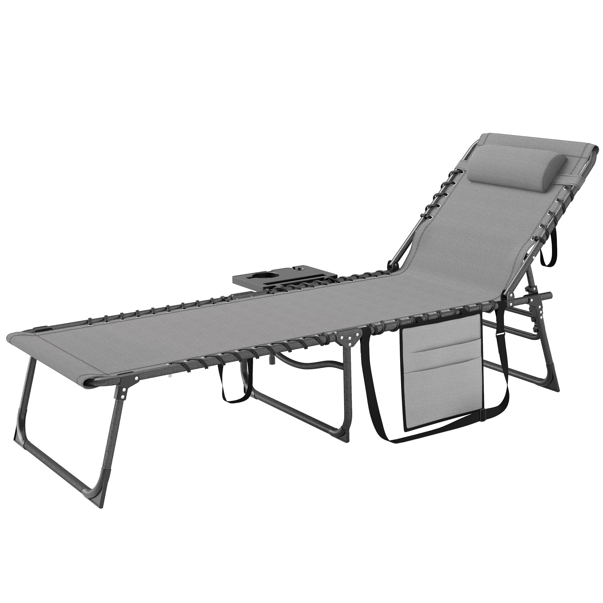 Folding Sun Lounger Garden Outdoor Lounger with Adjustable Backrest Headrest Side Pocket Tray and Steel Frame Load 120 kg for Terrace Pool Beach 190x60x31 cm Gray