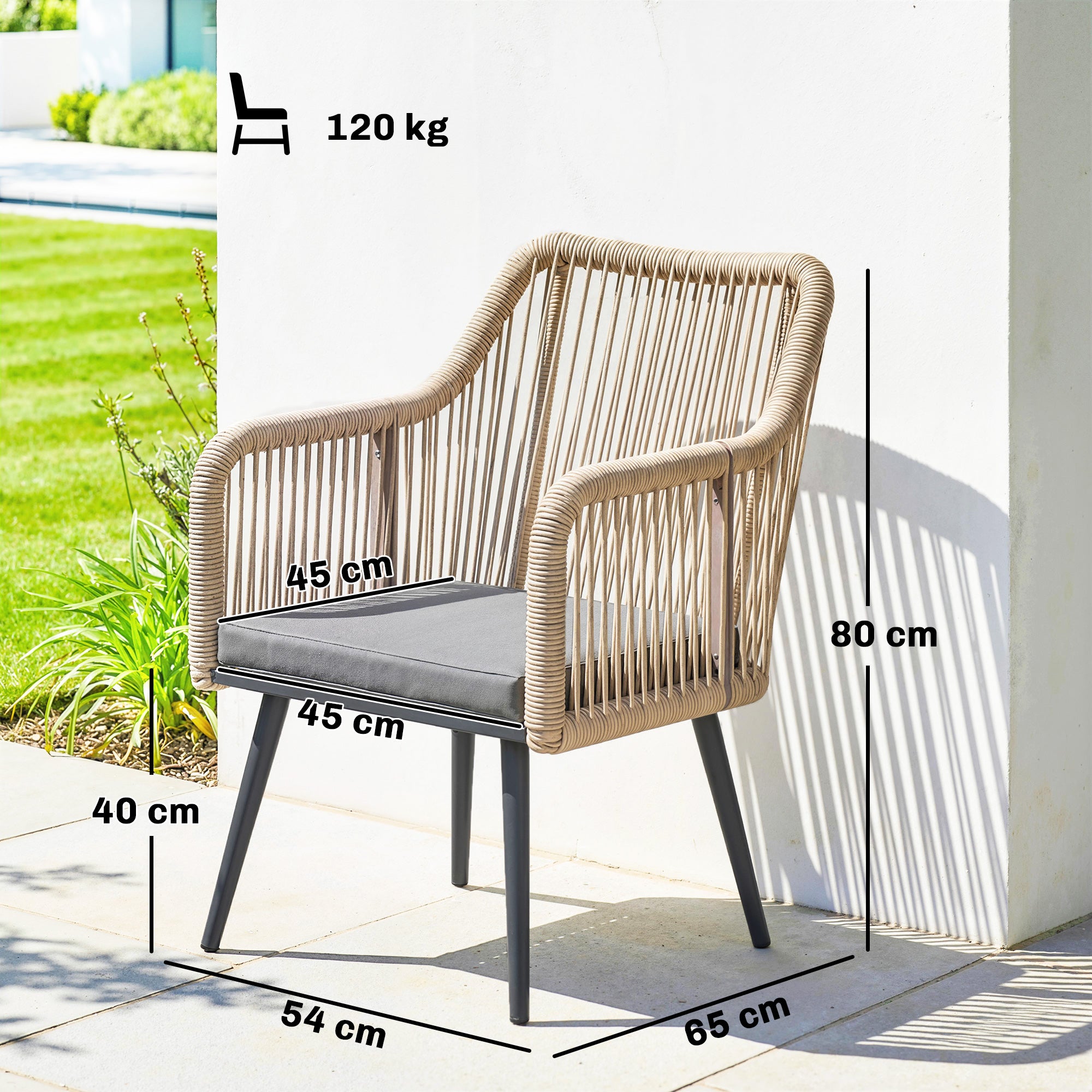 Set of 2 Outdoor Rattan Garden Chairs with Cushions, Armrests & Steel Frame — Weather-Resistant for Balcony/Patio, Light Gray (21.3 x 25.6 x 31.5 in)