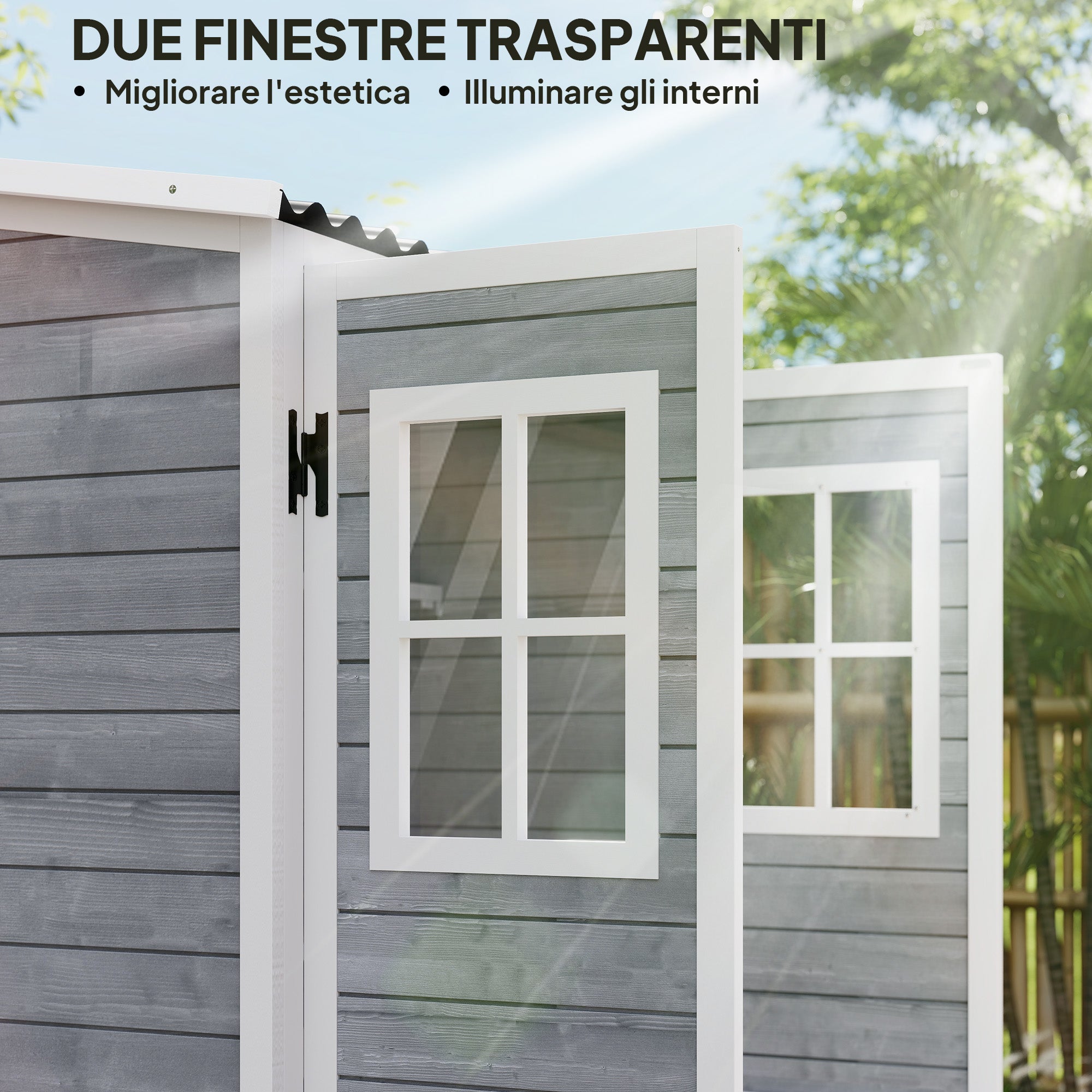 Wooden Garden Tool Shed made of Fir Wood with 2 Windows and Adjustable Shelves, Lockable Garden Tool Shed, Sloping Roof for Terrace Patio, 91x69x192cm, Light Grey