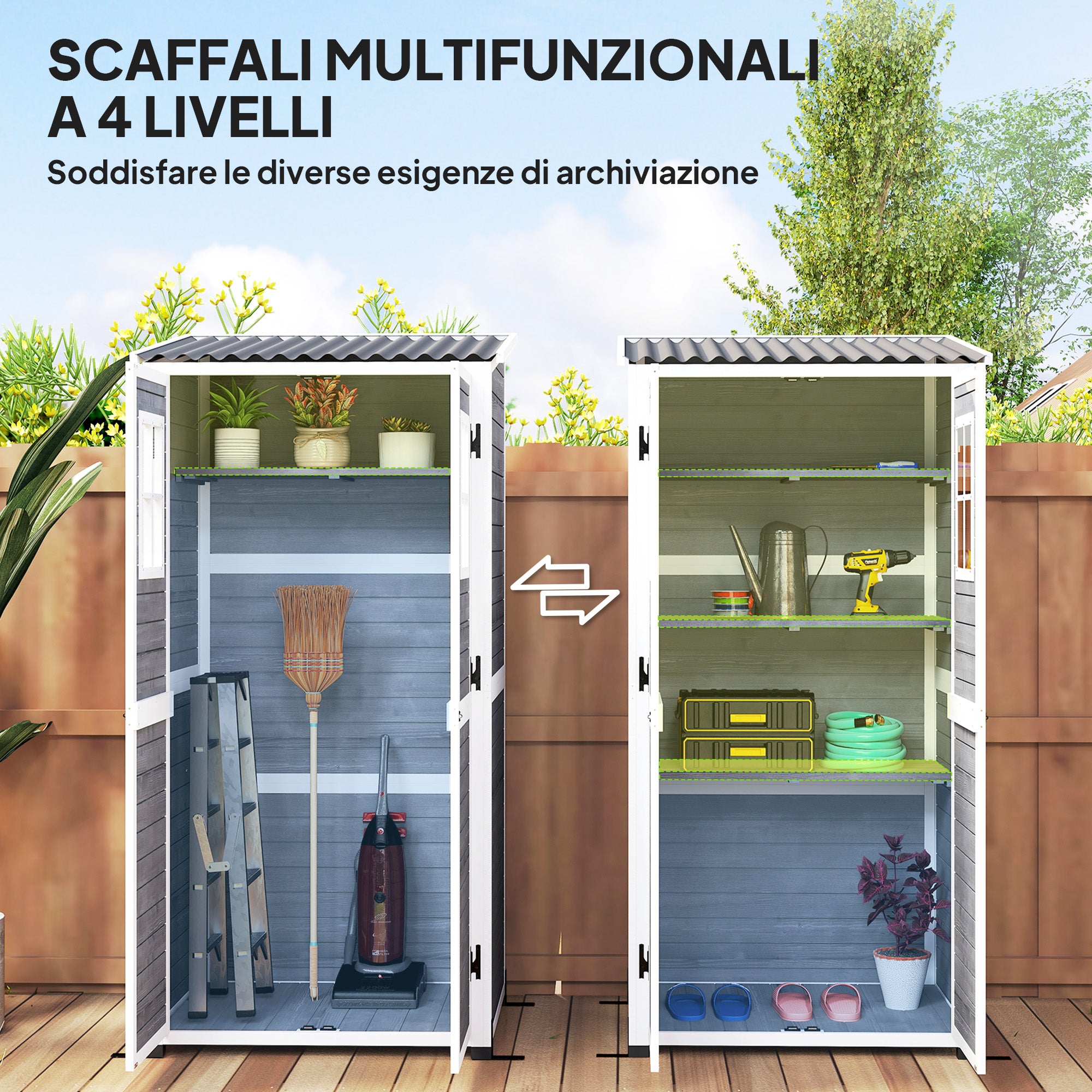 Wooden Garden Tool Shed made of Fir Wood with 2 Windows and Adjustable Shelves, Lockable Garden Tool Shed, Sloping Roof for Terrace Patio, 91x69x192cm, Light Grey