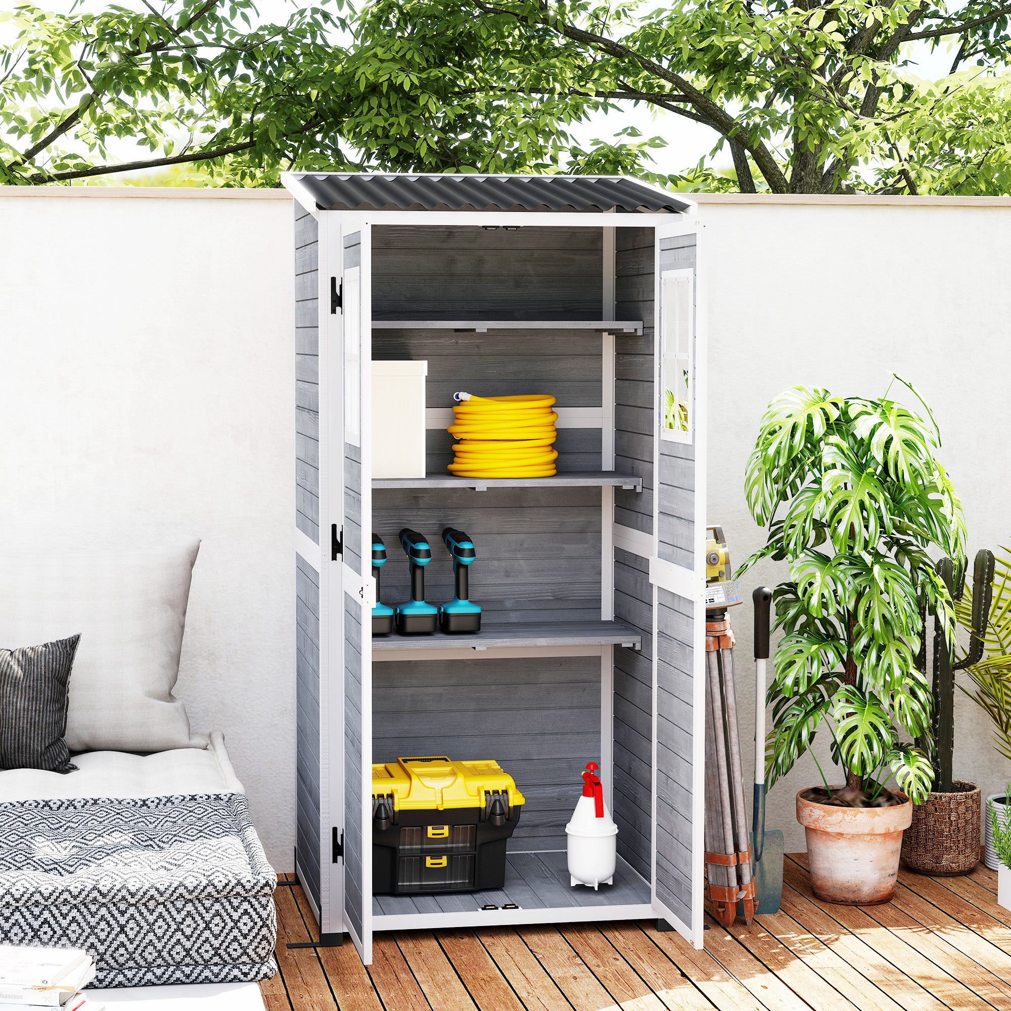 Wooden Garden Tool Shed made of Fir Wood with 2 Windows and Adjustable Shelves, Lockable Garden Tool Shed, Sloping Roof for Terrace Patio, 91x69x192cm, Light Grey