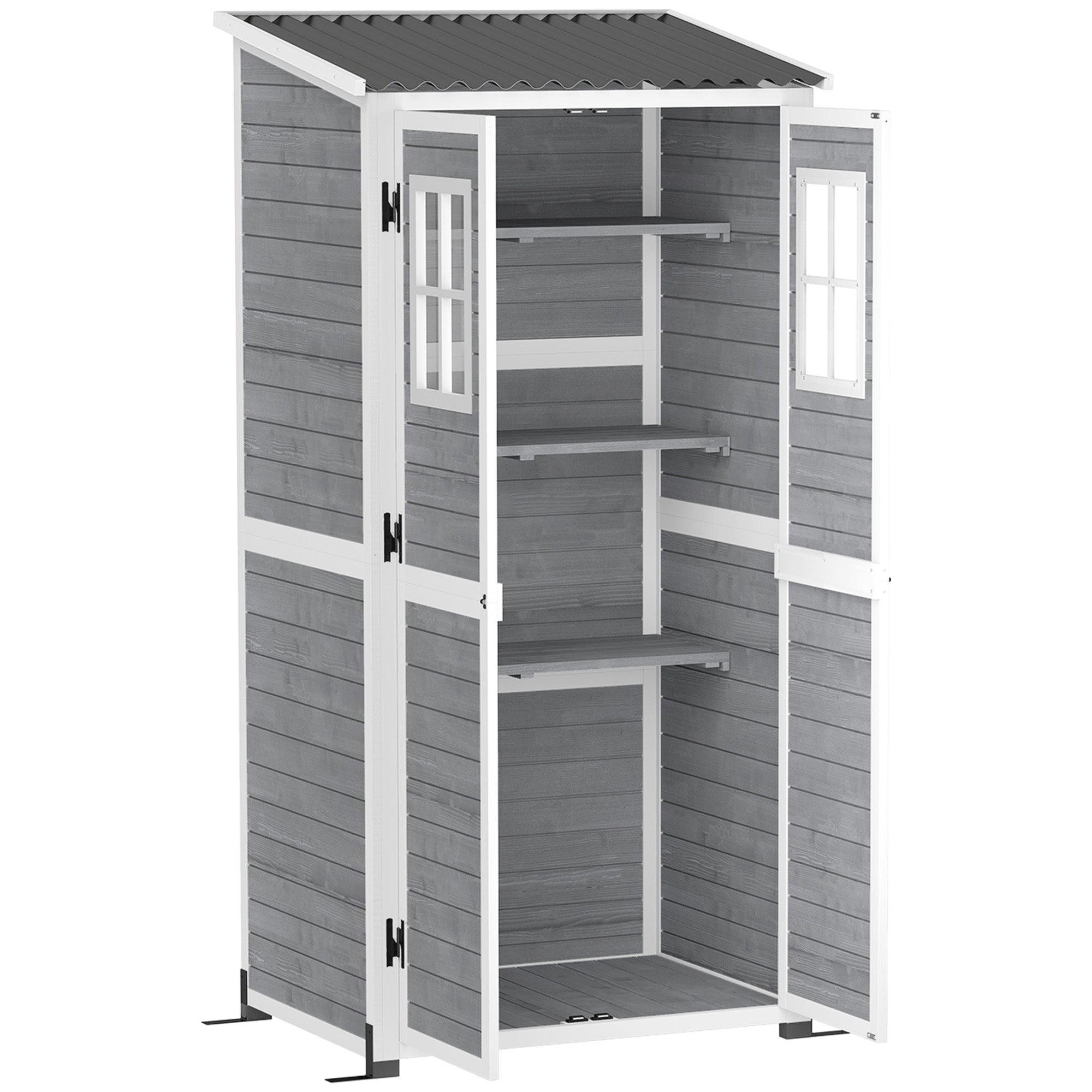 Wooden Garden Tool Shed made of Fir Wood with 2 Windows and Adjustable Shelves, Lockable Garden Tool Shed, Sloping Roof for Terrace Patio, 91x69x192cm, Light Grey