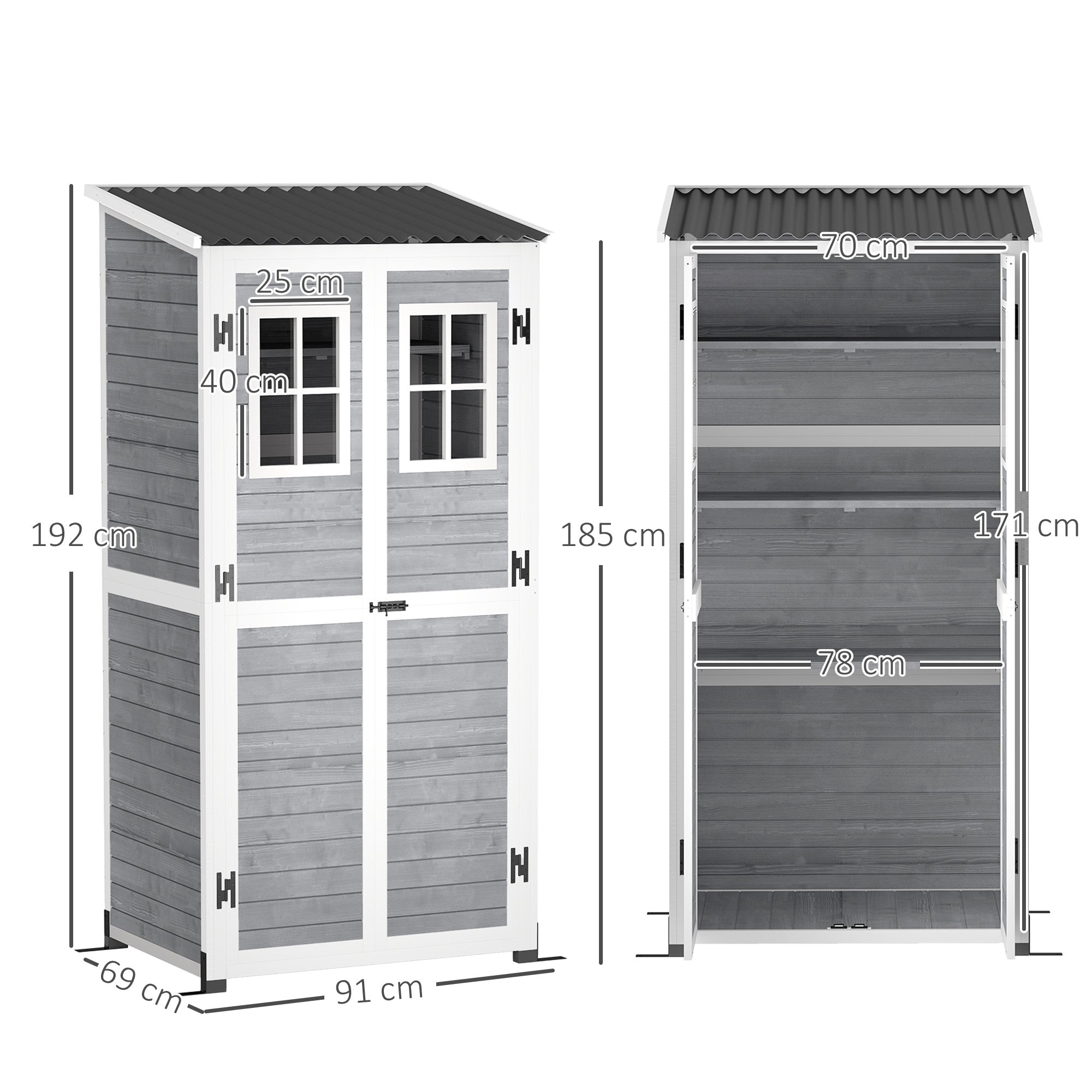 Wooden Garden Tool Shed made of Fir Wood with 2 Windows and Adjustable Shelves, Lockable Garden Tool Shed, Sloping Roof for Terrace Patio, 91x69x192cm, Light Grey
