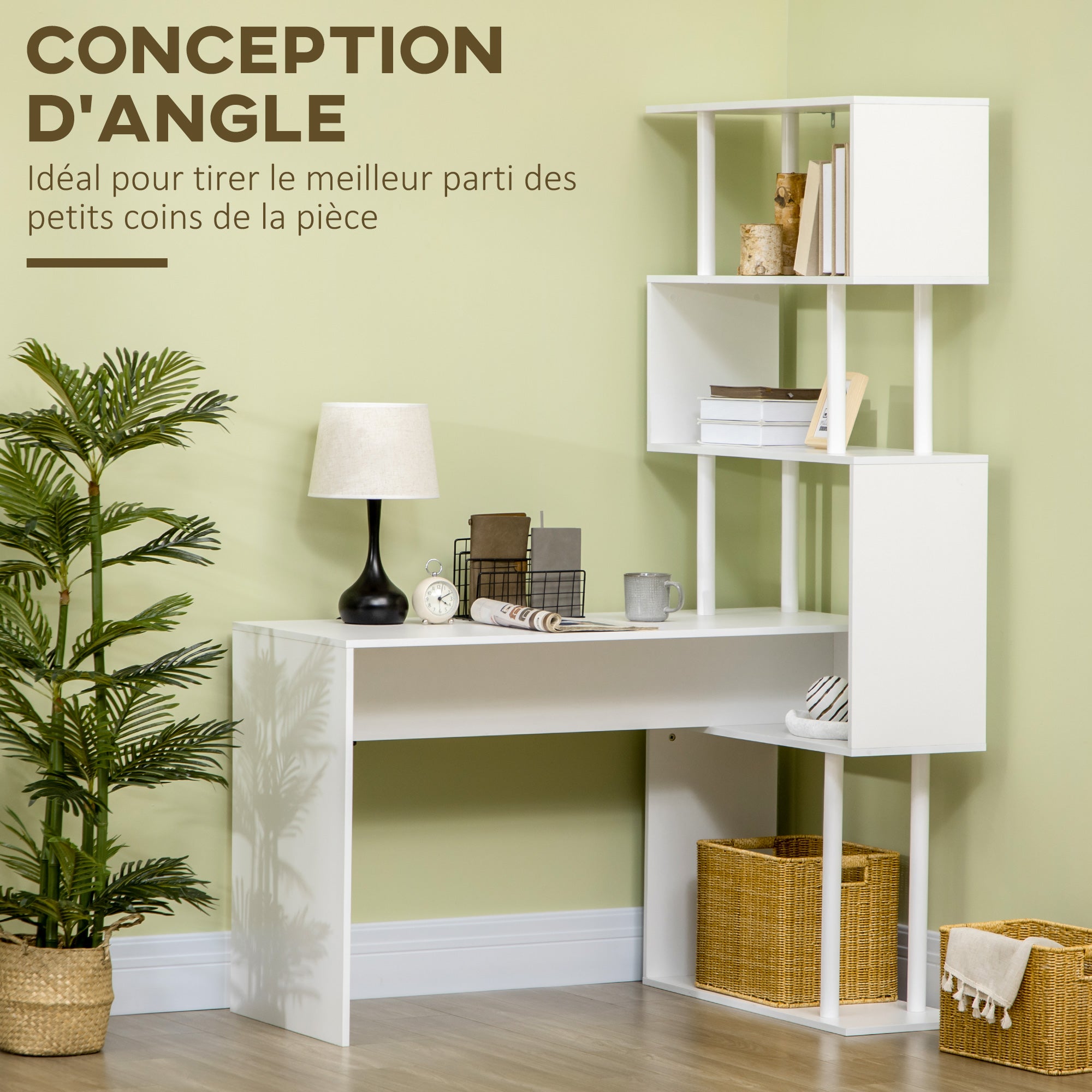 Corner Desk with Storage Shelves Modern Contemporary Design L-Shaped Computer Desk Wooden Shelves 120 x 80 x 176 cm White