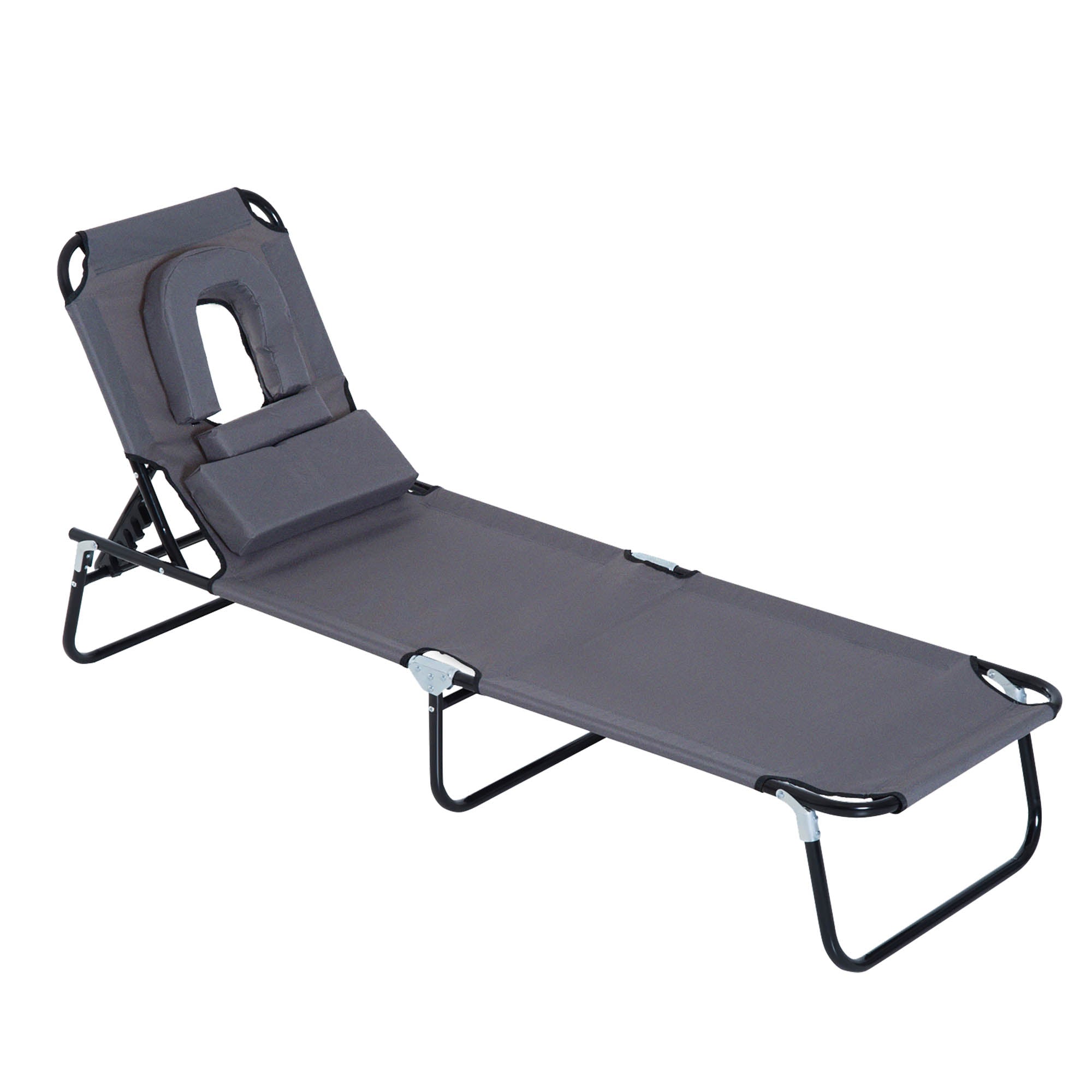 Foldable Sun Lounger with Pillow Reclining Chair with 4-Position Adjustable Backrest Camping Lounger with Face Hole Garden Chair Up to 120kg Load Capacity for Garden, Balcony Gray