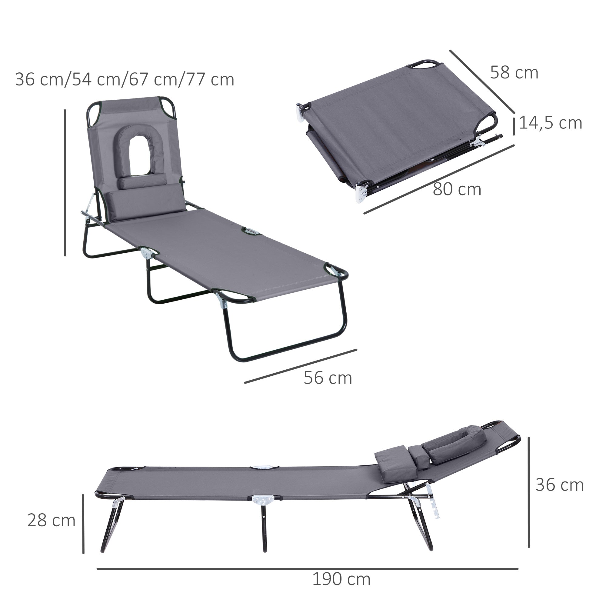 Foldable Sun Lounger with Pillow Reclining Chair with 4-Position Adjustable Backrest Camping Lounger with Face Hole Garden Chair Up to 120kg Load Capacity for Garden, Balcony Gray
