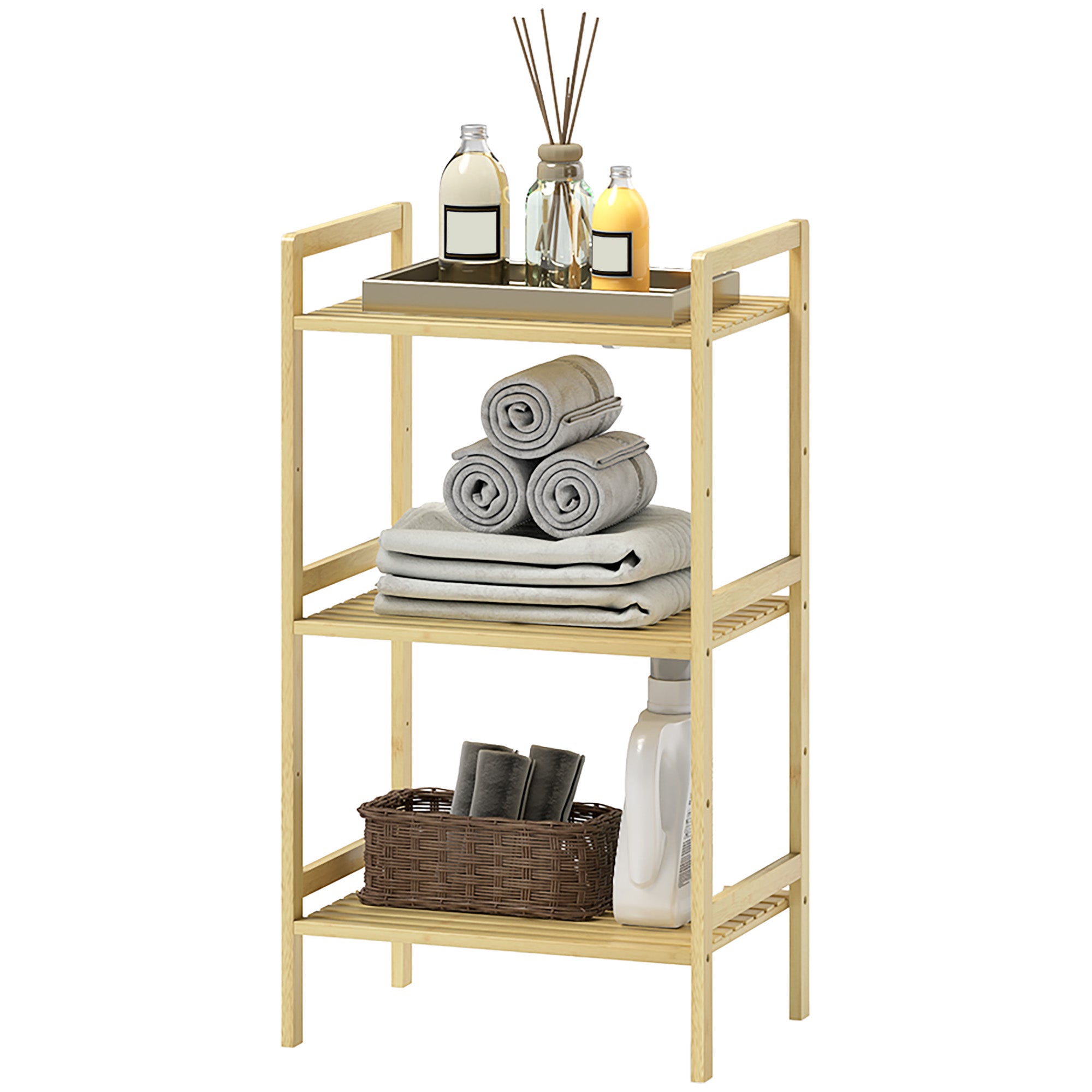 3-Tier Bamboo Bathroom Shelf, 3 Adjustable Shelves in 5 Positions, for Kitchen, Bathroom, Living Room, 43.5 x 31.5 x 80 cm, natural wood