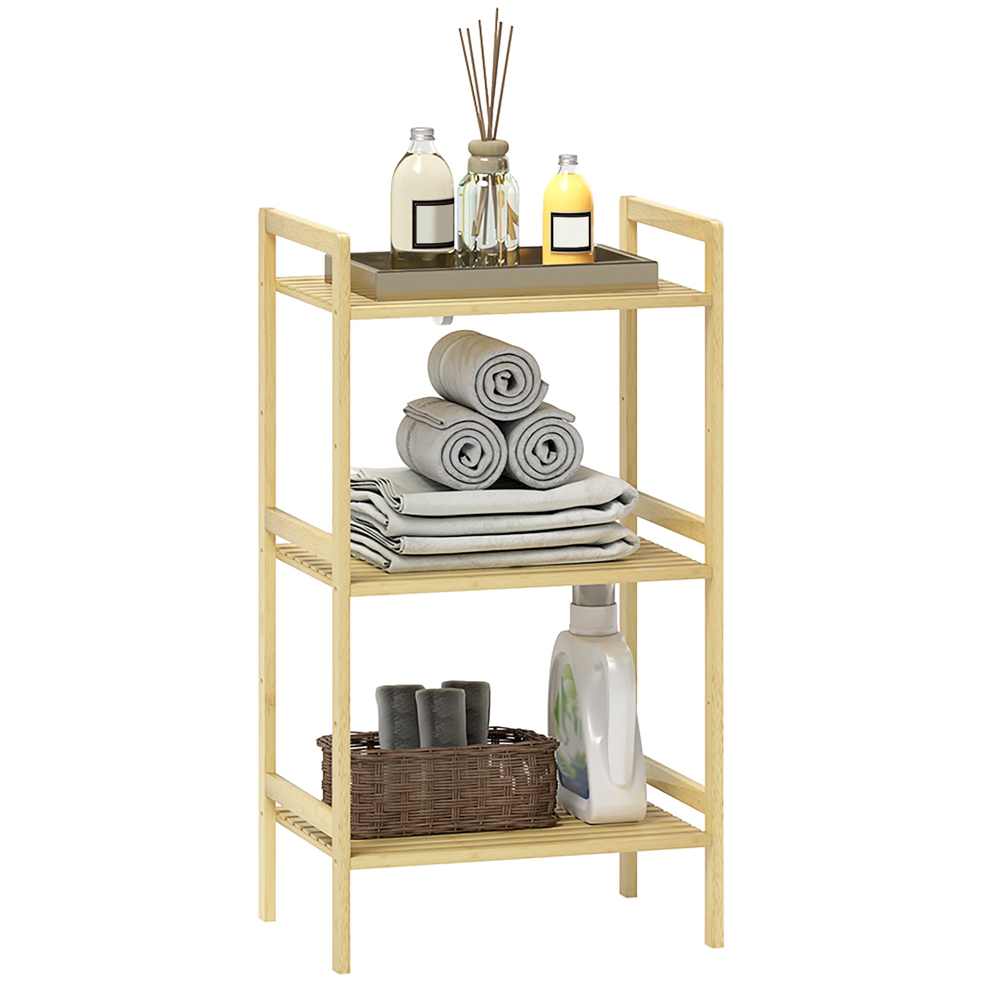 3-Tier Bamboo Bathroom Shelf, 3 Adjustable Shelves in 5 Positions, for Kitchen, Bathroom, Living Room, 43.5 x 31.5 x 80 cm, natural wood