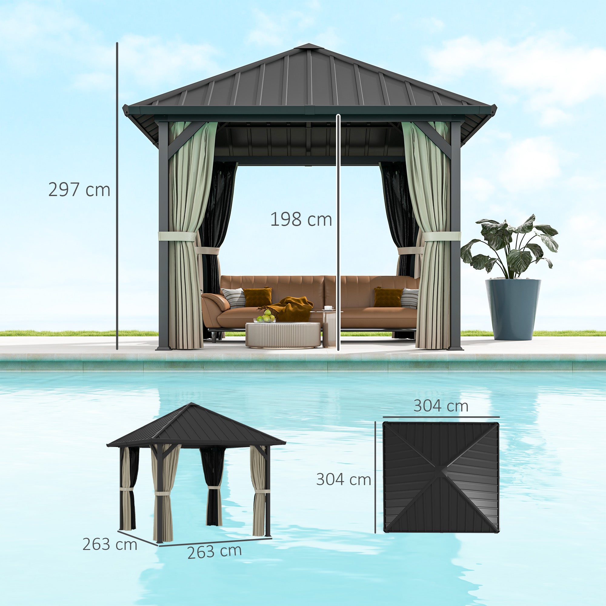 Pavilion with Hardtop, approx. 3x3m Waterproof Sturdy Winterproof Garden Pavilion with Mosquito Net, Side Panels, Metal Garden Gazebo, Pavilion for Garden, Patio, Dark Grey