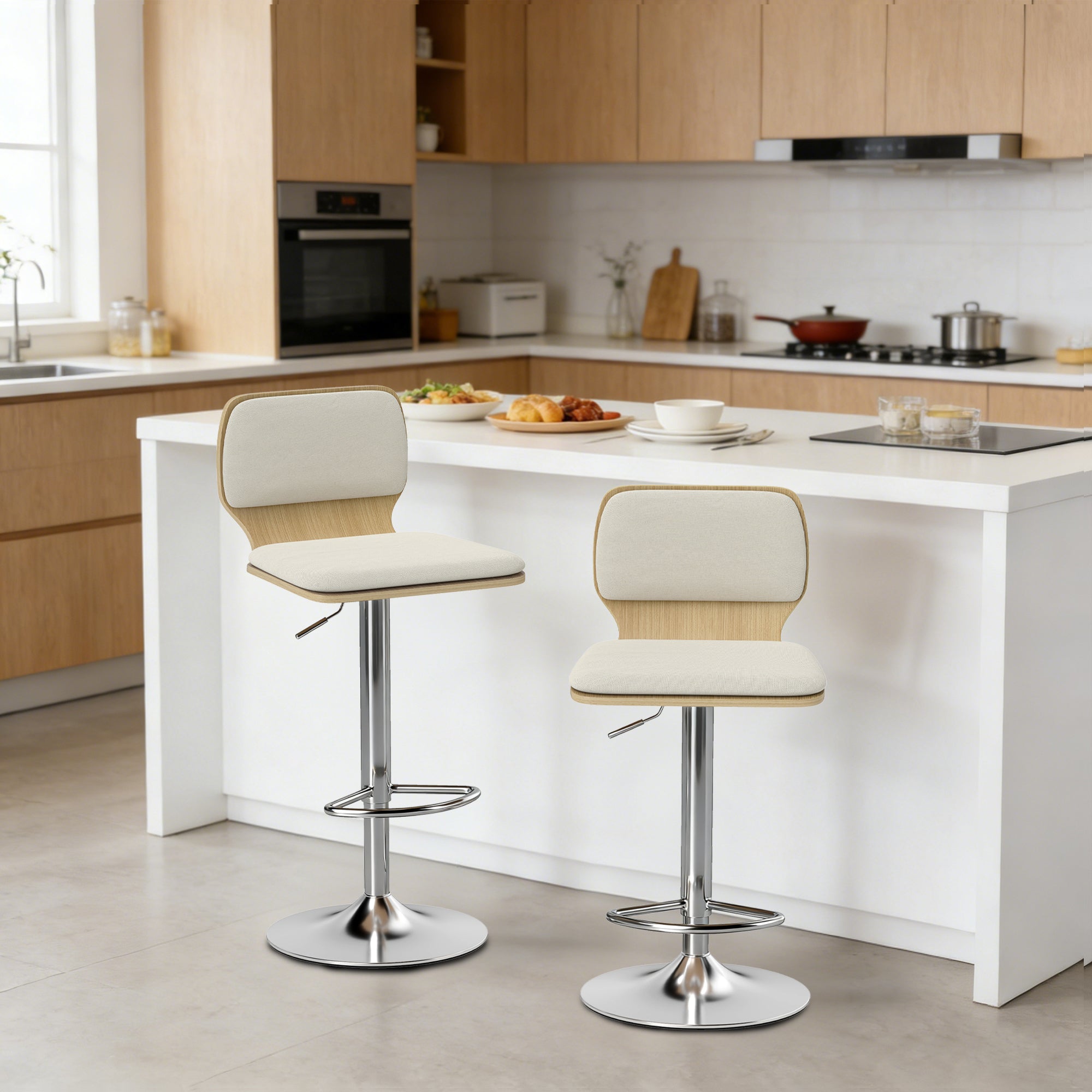 Set of 2 360° Swivel Kitchen Bar Stools, Height-Adjustable 31.9–40.2 in, Linen Upholstery, Beige