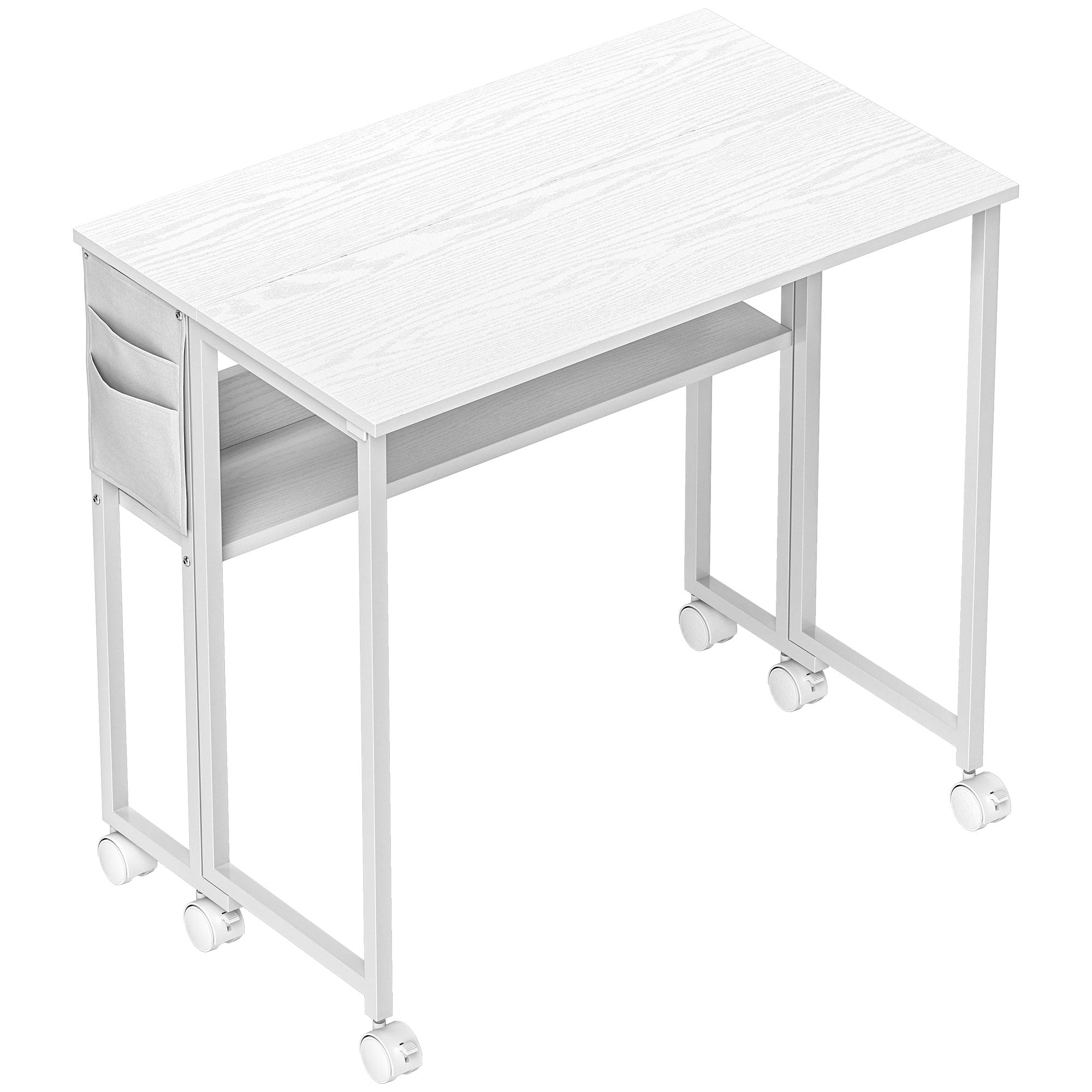 Space-Saving Folding Flip-Top Desk, Small Desk with Brake Wheels, Shelf and Storage Pocket, Foldable Computer Table for Home, Study, and Office, 80x50x75 cm, White