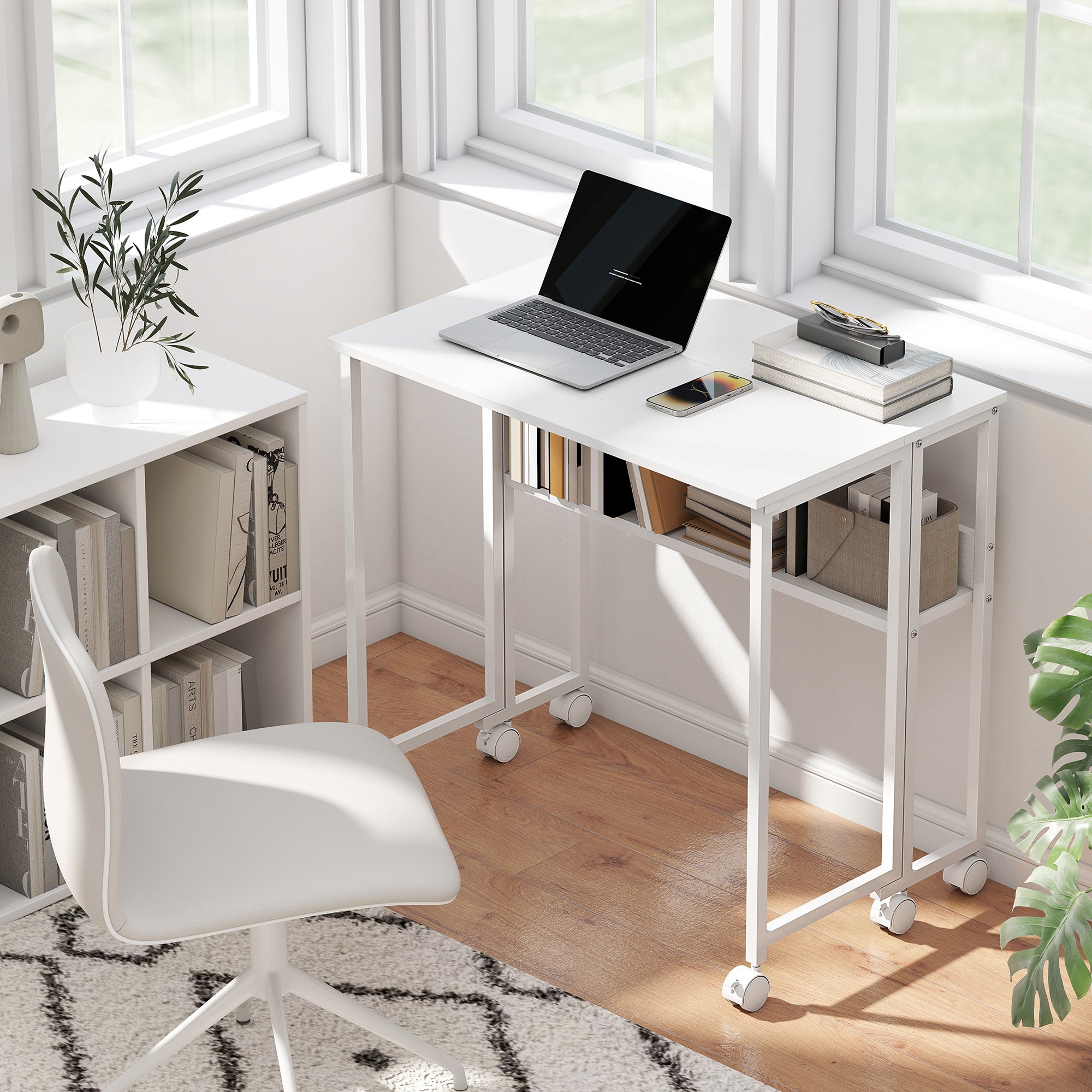 Space-Saving Folding Flip-Top Desk, Small Desk with Brake Wheels, Shelf and Storage Pocket, Foldable Computer Table for Home, Study, and Office, 80x50x75 cm, White
