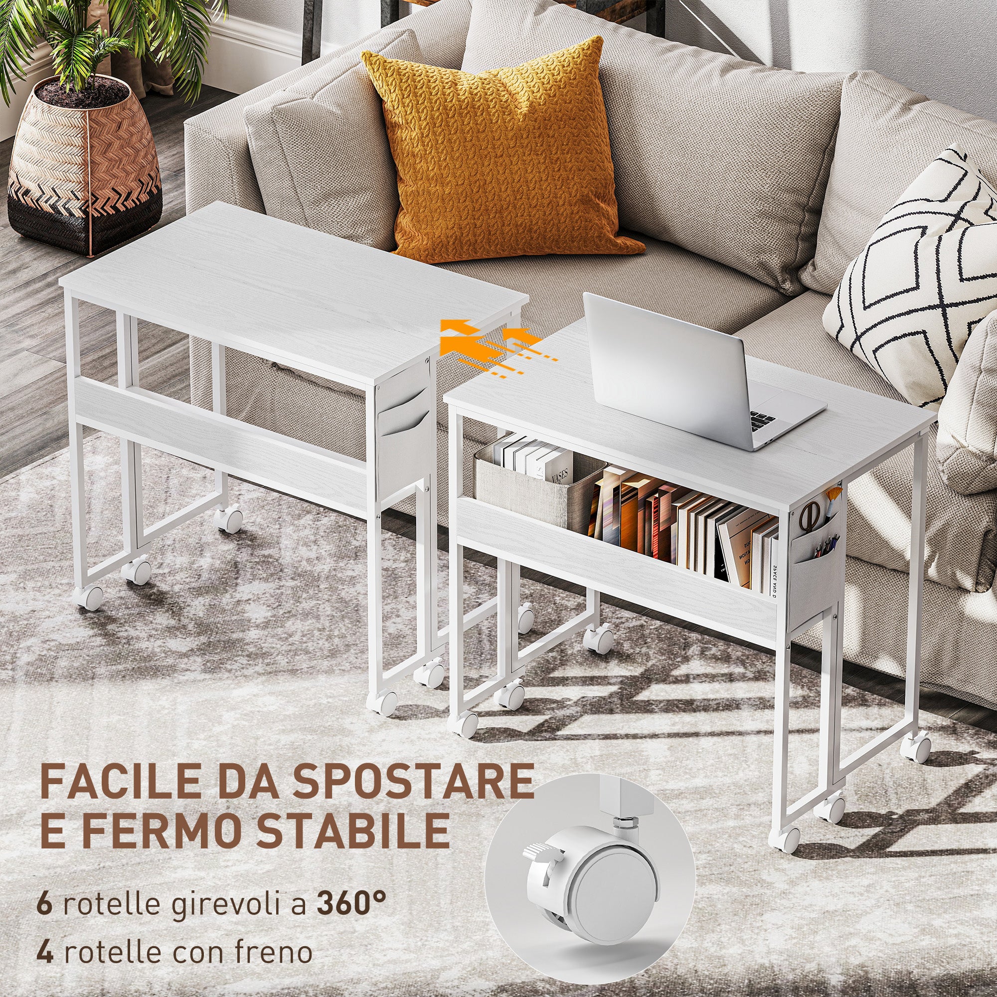 Space-Saving Folding Flip-Top Desk, Small Desk with Brake Wheels, Shelf and Storage Pocket, Foldable Computer Table for Home, Study, and Office, 80x50x75 cm, White