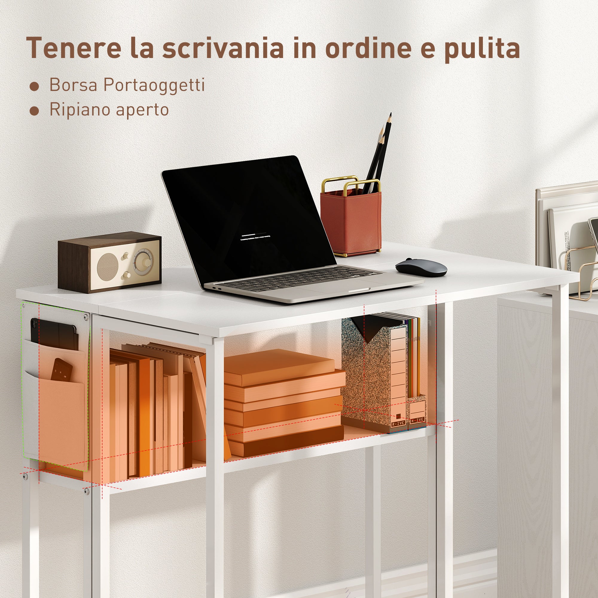 Space-Saving Folding Flip-Top Desk, Small Desk with Brake Wheels, Shelf and Storage Pocket, Foldable Computer Table for Home, Study, and Office, 80x50x75 cm, White