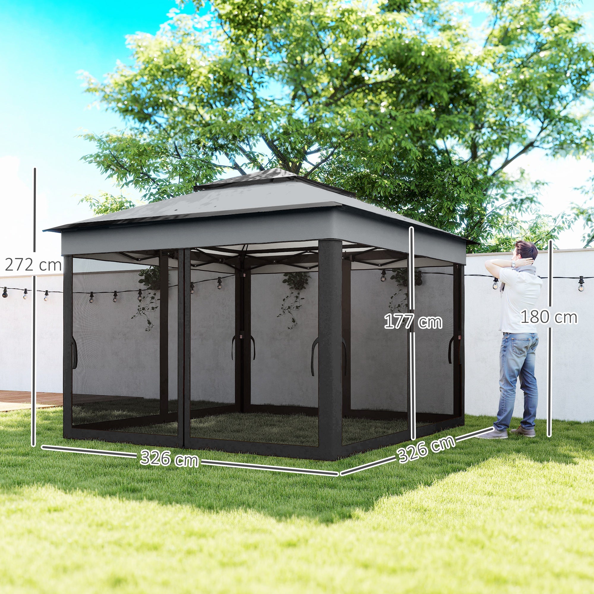 Folding Gazebo 3x3x2.7 m Garden Canopy with Double Roof Adjustable Height 4 Mosquito Nettings UV30+ Protection Waterproof and Carrying Bag for Outdoor Parties Camping Gray