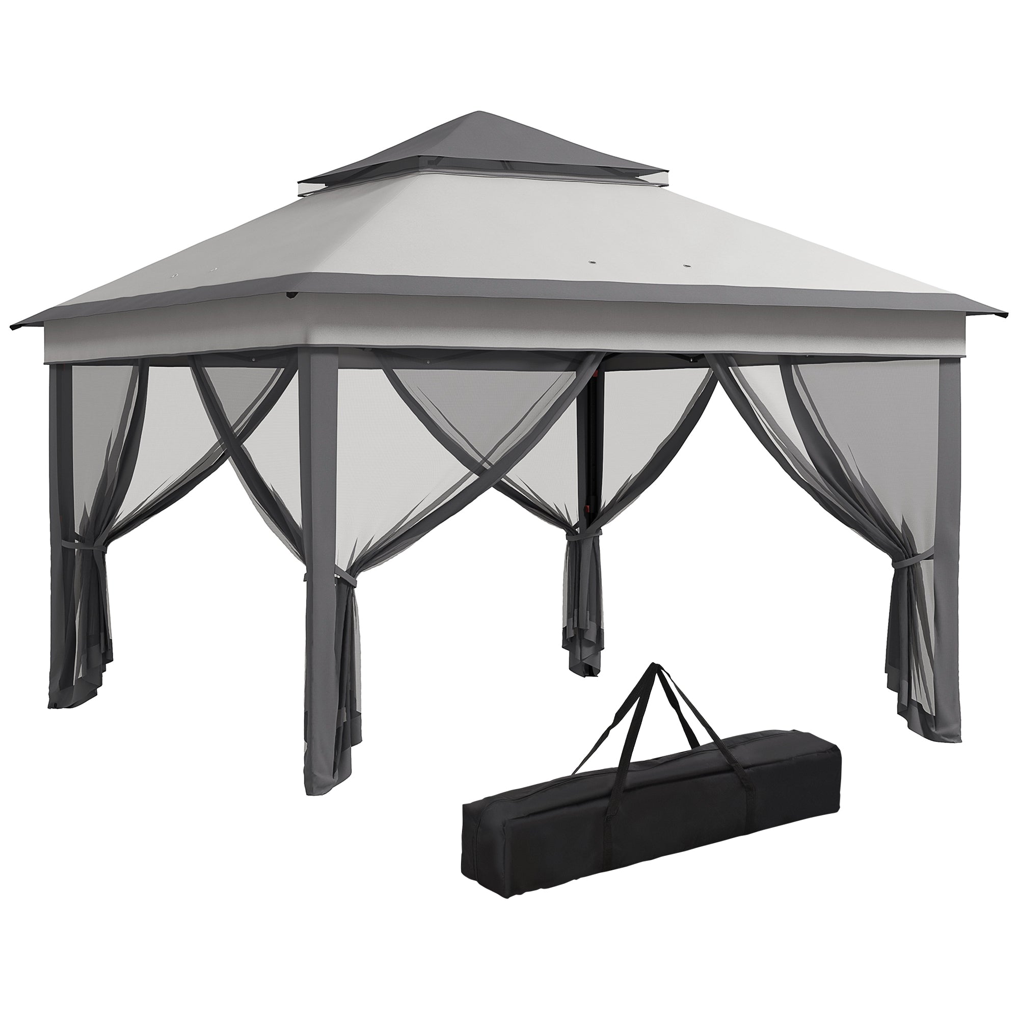 Folding Gazebo 3x3x2.7 m Garden Canopy with Double Roof Adjustable Height 4 Mosquito Nettings UV30+ Protection Waterproof and Carrying Bag for Outdoor Parties Camping Gray