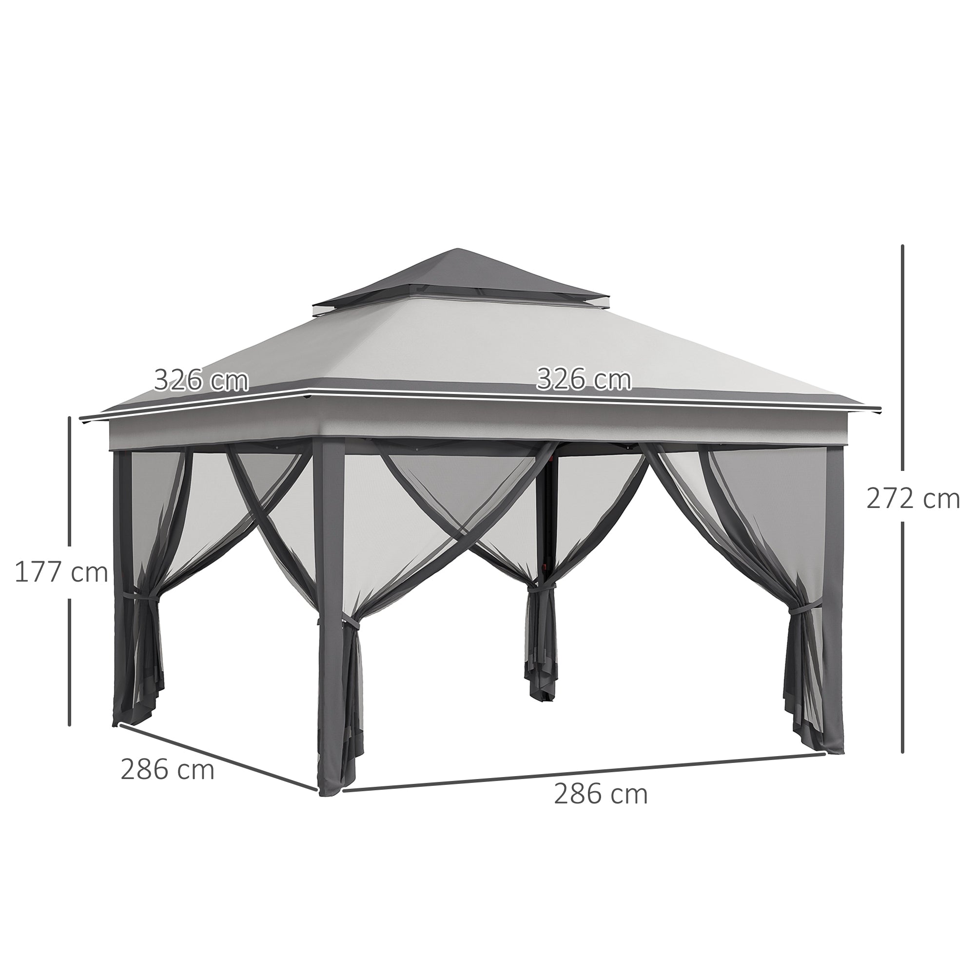 Folding Gazebo 3x3x2.7 m Garden Canopy with Double Roof Adjustable Height 4 Mosquito Nettings UV30+ Protection Waterproof and Carrying Bag for Outdoor Parties Camping Gray