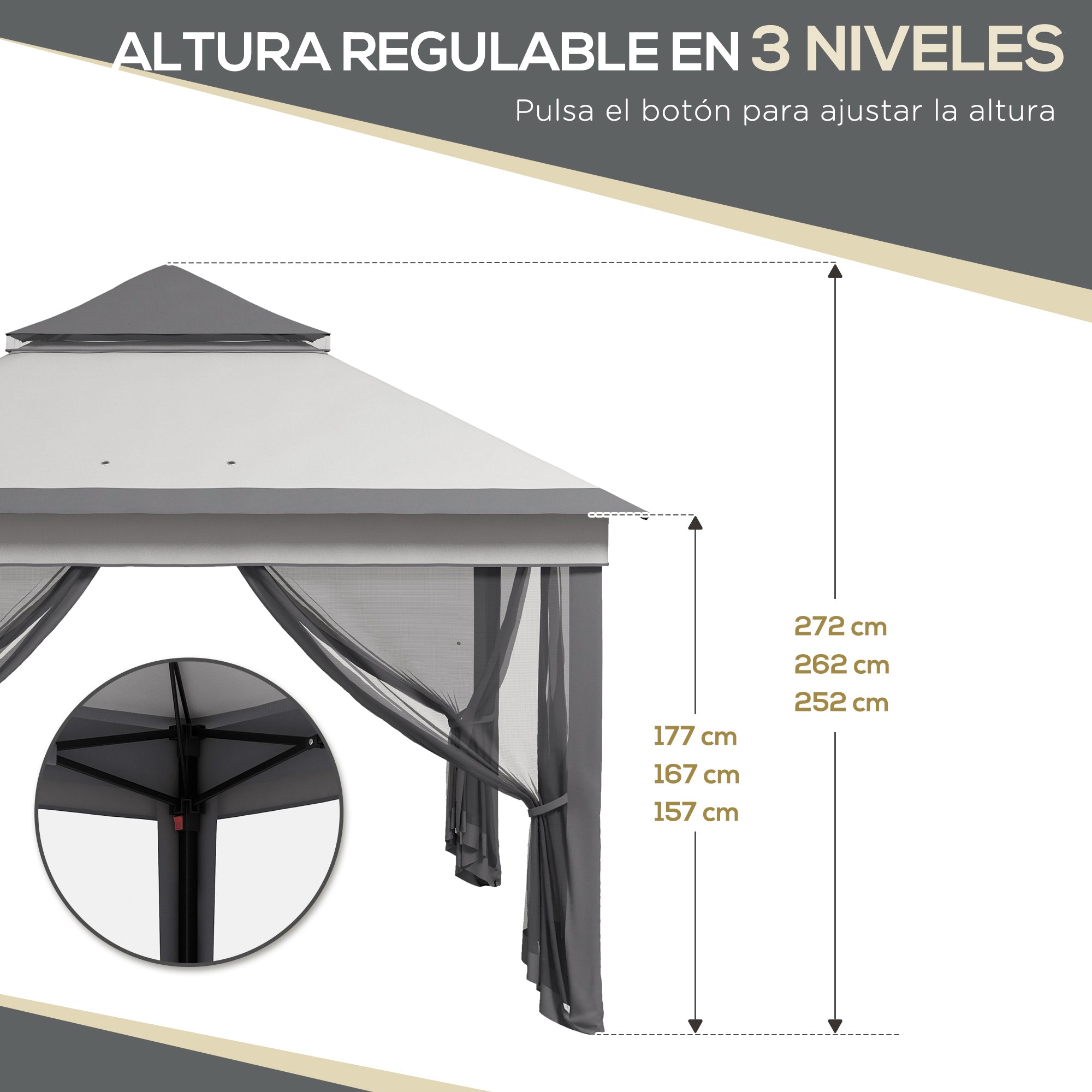 Folding Gazebo 3x3x2.7 m Garden Canopy with Double Roof Adjustable Height 4 Mosquito Nettings UV30+ Protection Waterproof and Carrying Bag for Outdoor Parties Camping Gray