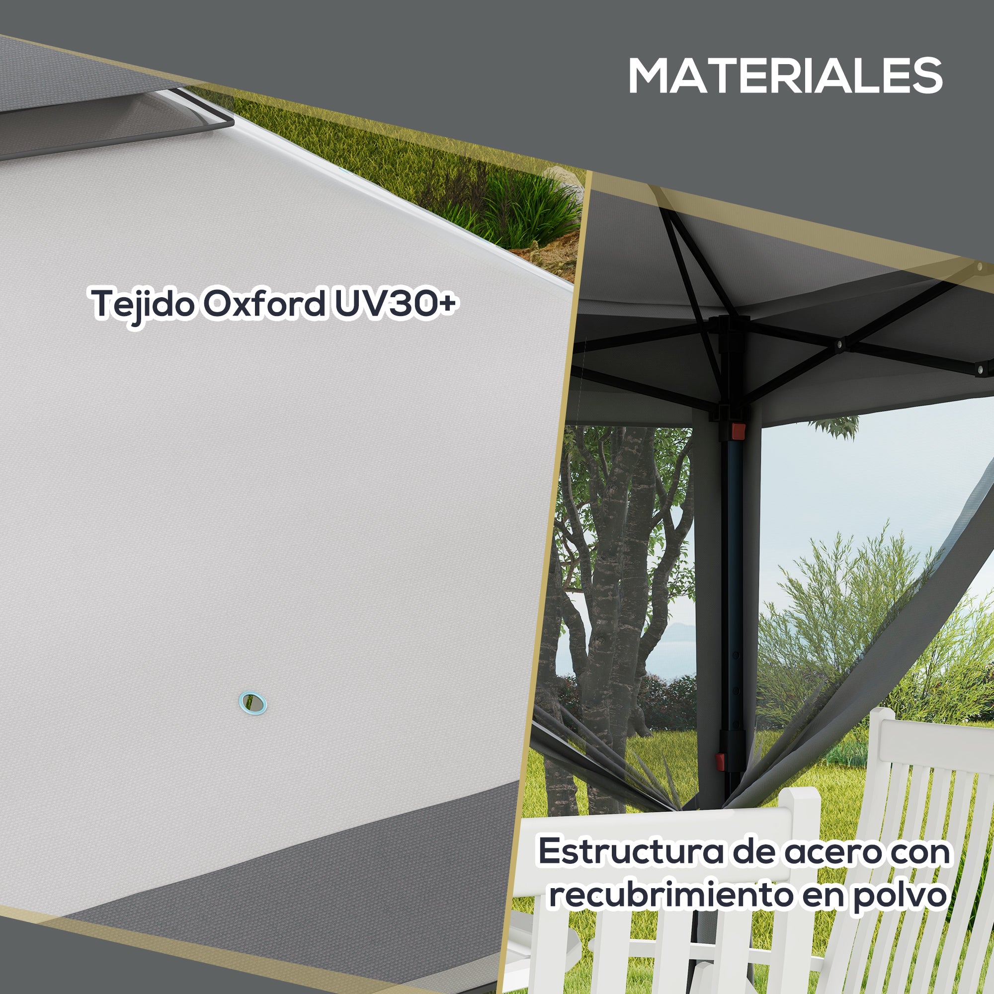Folding Gazebo 3x3x2.7 m Garden Canopy with Double Roof Adjustable Height 4 Mosquito Nettings UV30+ Protection Waterproof and Carrying Bag for Outdoor Parties Camping Gray