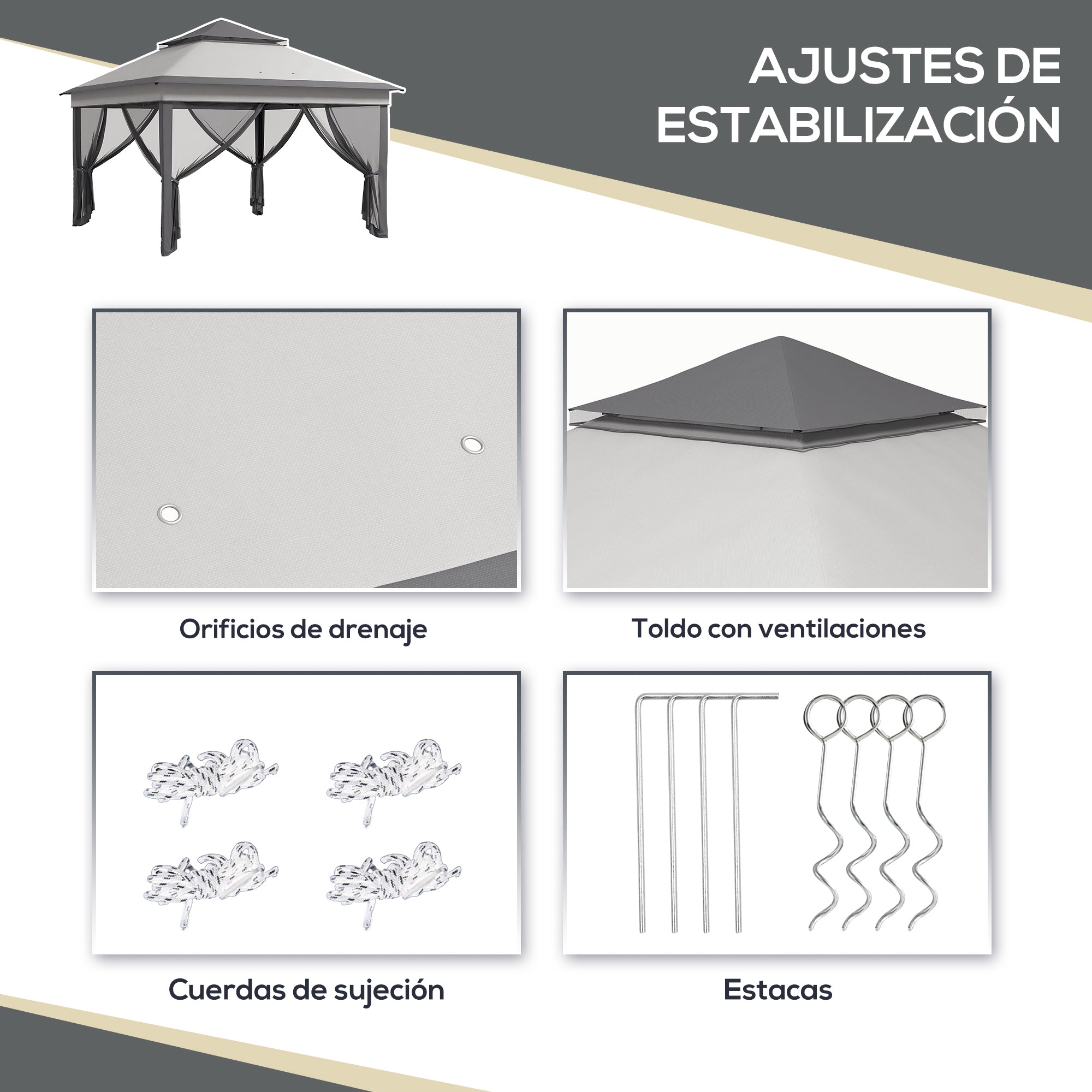 Folding Gazebo 3x3x2.7 m Garden Canopy with Double Roof Adjustable Height 4 Mosquito Nettings UV30+ Protection Waterproof and Carrying Bag for Outdoor Parties Camping Gray