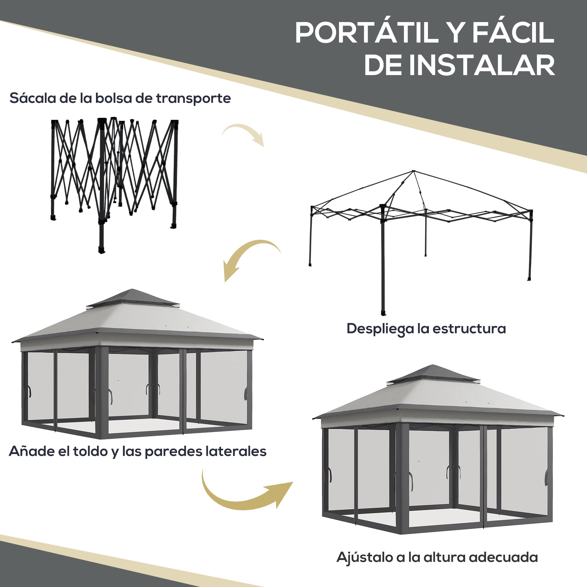 Folding Gazebo 3x3x2.7 m Garden Canopy with Double Roof Adjustable Height 4 Mosquito Nettings UV30+ Protection Waterproof and Carrying Bag for Outdoor Parties Camping Gray