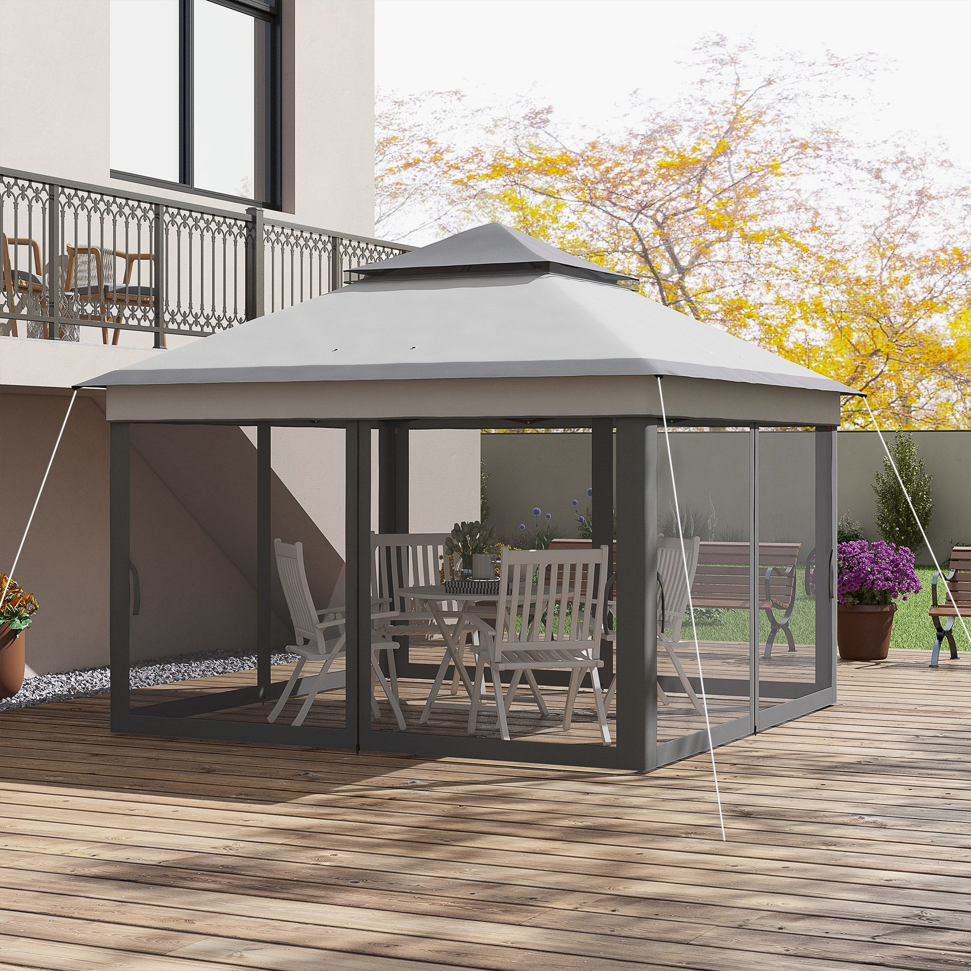 Folding Gazebo 3x3x2.7 m Garden Canopy with Double Roof Adjustable Height 4 Mosquito Nettings UV30+ Protection Waterproof and Carrying Bag for Outdoor Parties Camping Gray