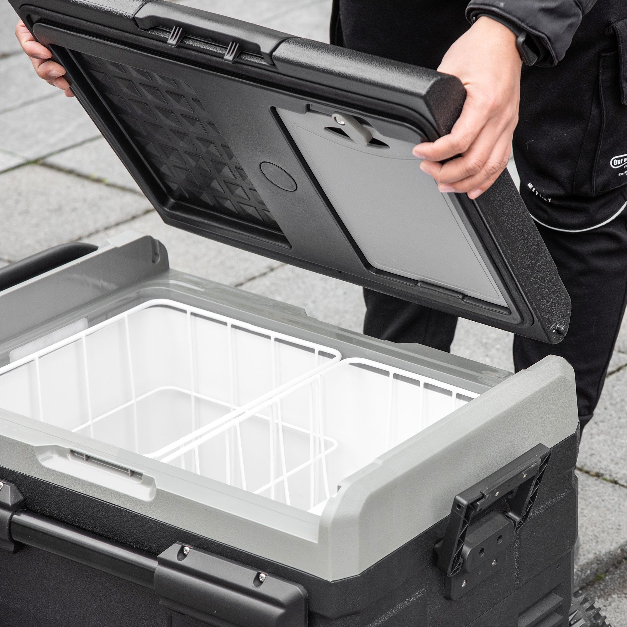 Portable Cooler Box 40L with LED Lighting Compressor Car Fridge with Handles Transport Wheels Boat Camper Travel 12/24V DC and 110-240V AC Grey+Black