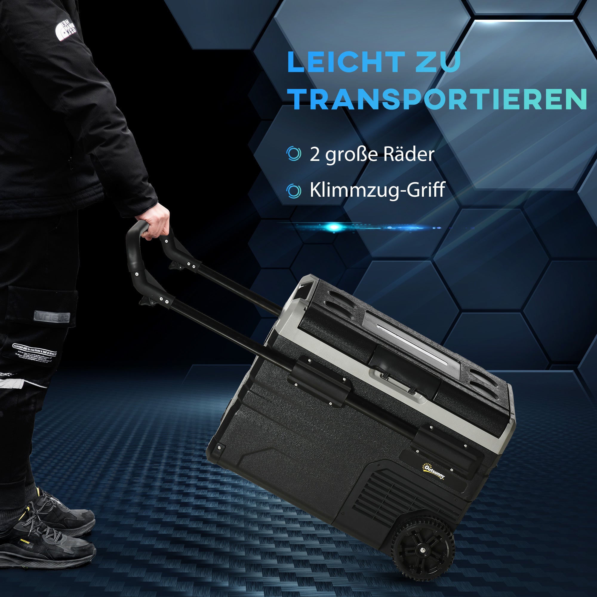 Portable Cooler Box 40L with LED Lighting Compressor Car Fridge with Handles Transport Wheels Boat Camper Travel 12/24V DC and 110-240V AC Grey+Black