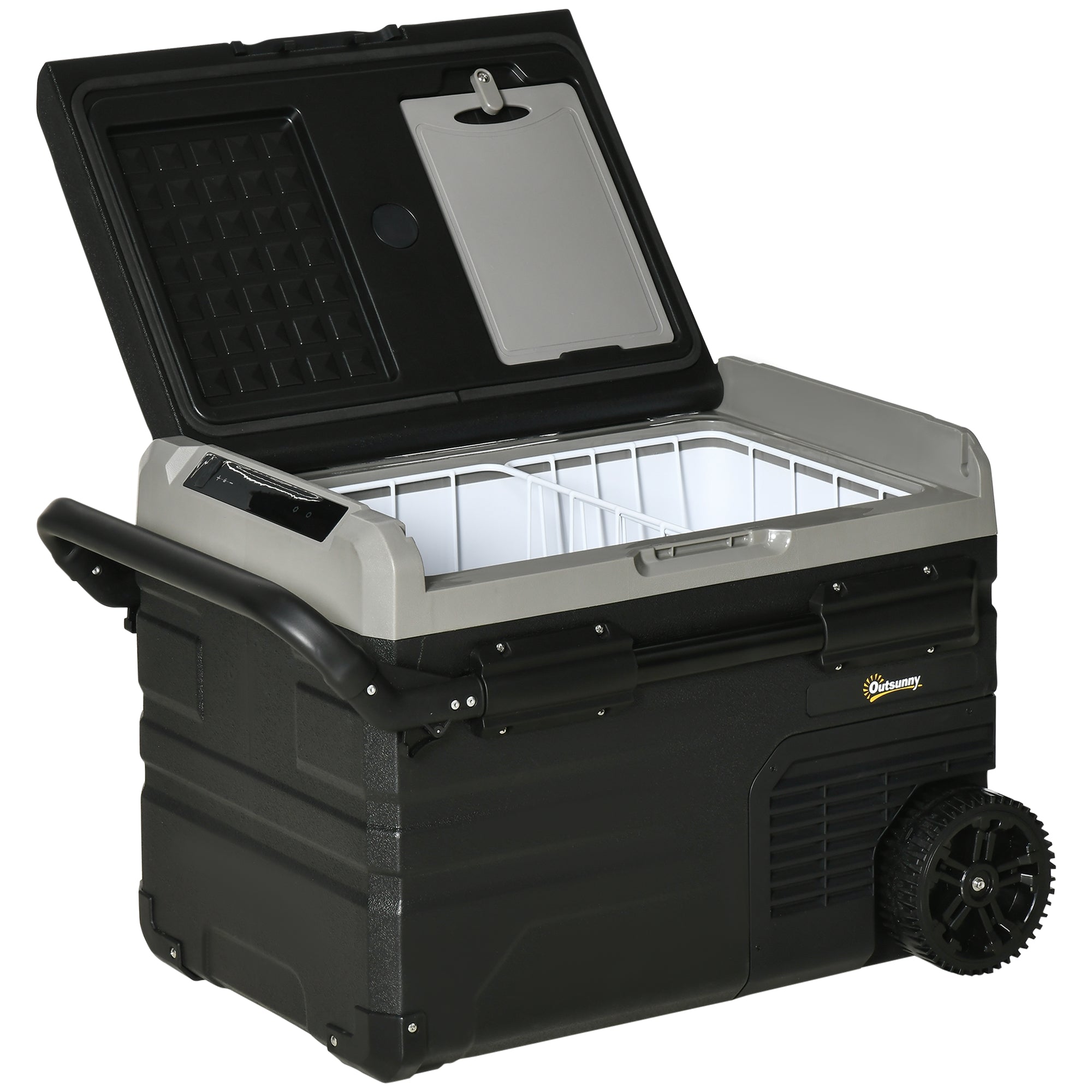 Portable Cooler Box 40L with LED Lighting Compressor Car Fridge with Handles Transport Wheels Boat Camper Travel 12/24V DC and 110-240V AC Grey+Black