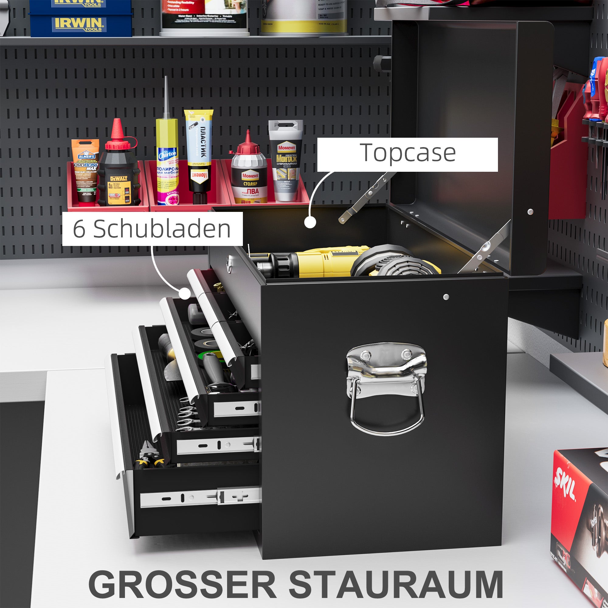 Tool Chest, Tool Box without Tools, with 6 Drawers, Lock, Tool Case with Handle, Tool Chest, Steel, Black, 60 x 26 x 34 cm