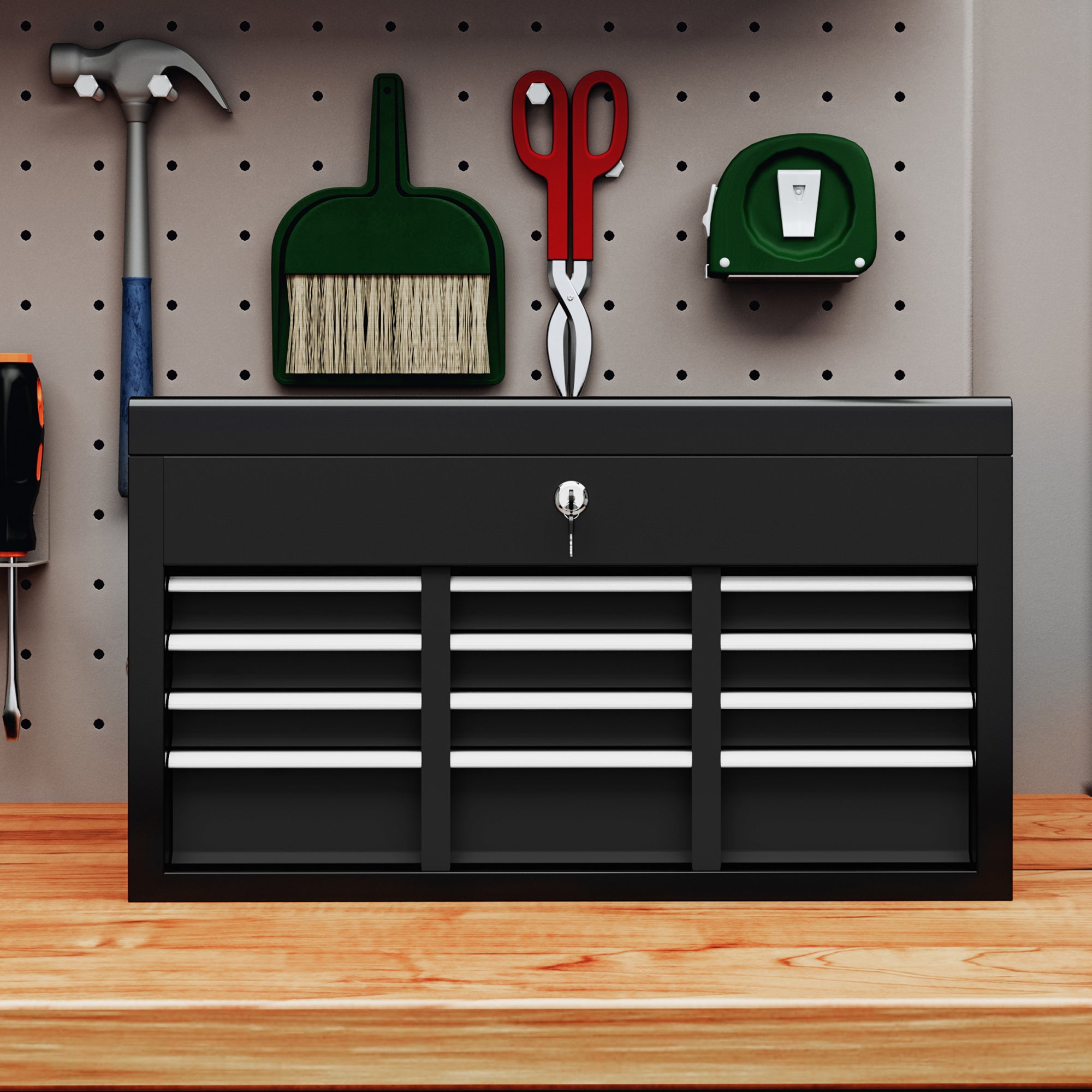 Tool Chest, Tool Box without Tools, with 6 Drawers, Lock, Tool Case with Handle, Tool Chest, Steel, Black, 60 x 26 x 34 cm