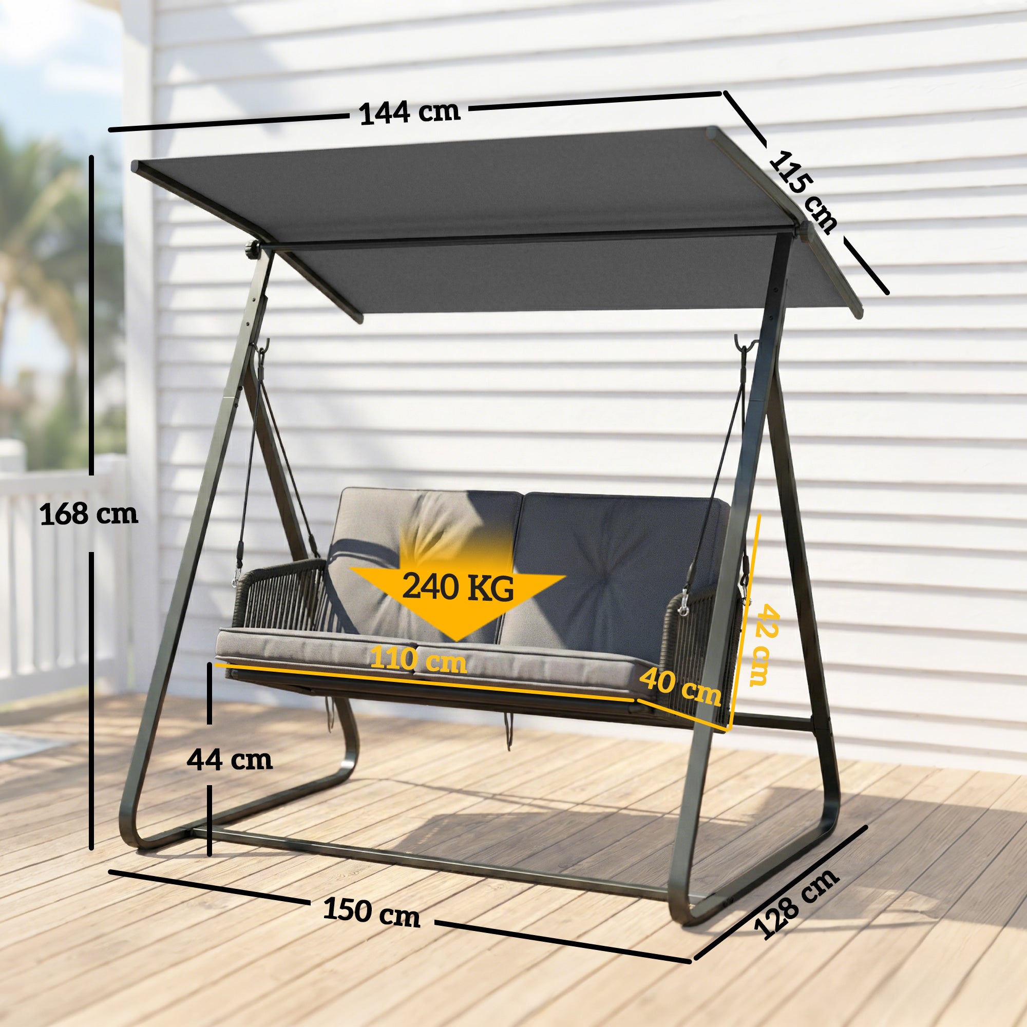 2‑Seater Rattan Hollywood Swing with Adjustable Sun Canopy and Soft Cushions, A‑Frame — Holds up to 240 kg (529 lb) — 150 x 128 x 168 cm / 59 x 50 x 66 in — Dark Gray