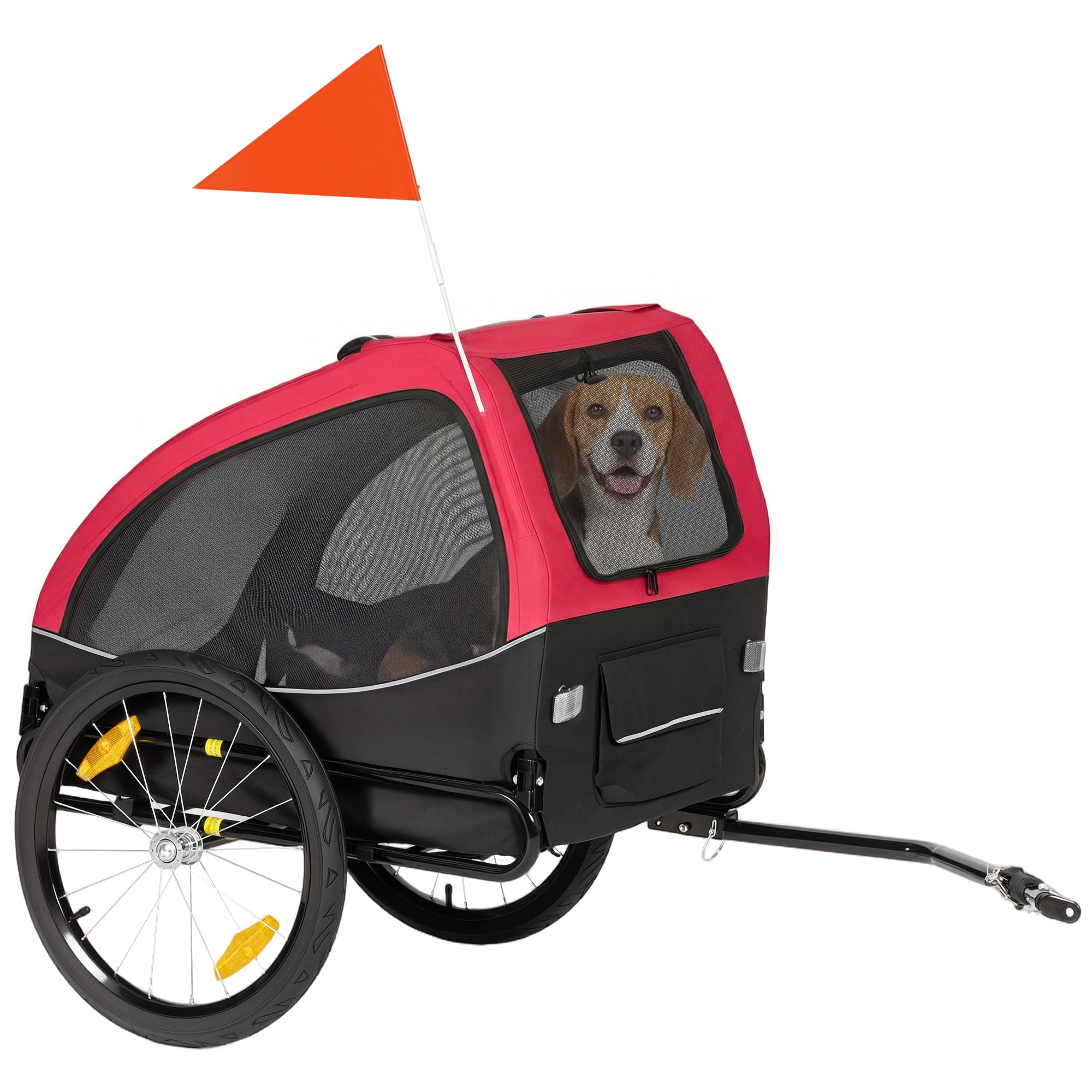 Foldable Dog Bike Trailer with Reflectors, Mesh Windows, Wheels, Door & Safety Flag — Red (up to 44 lb)
