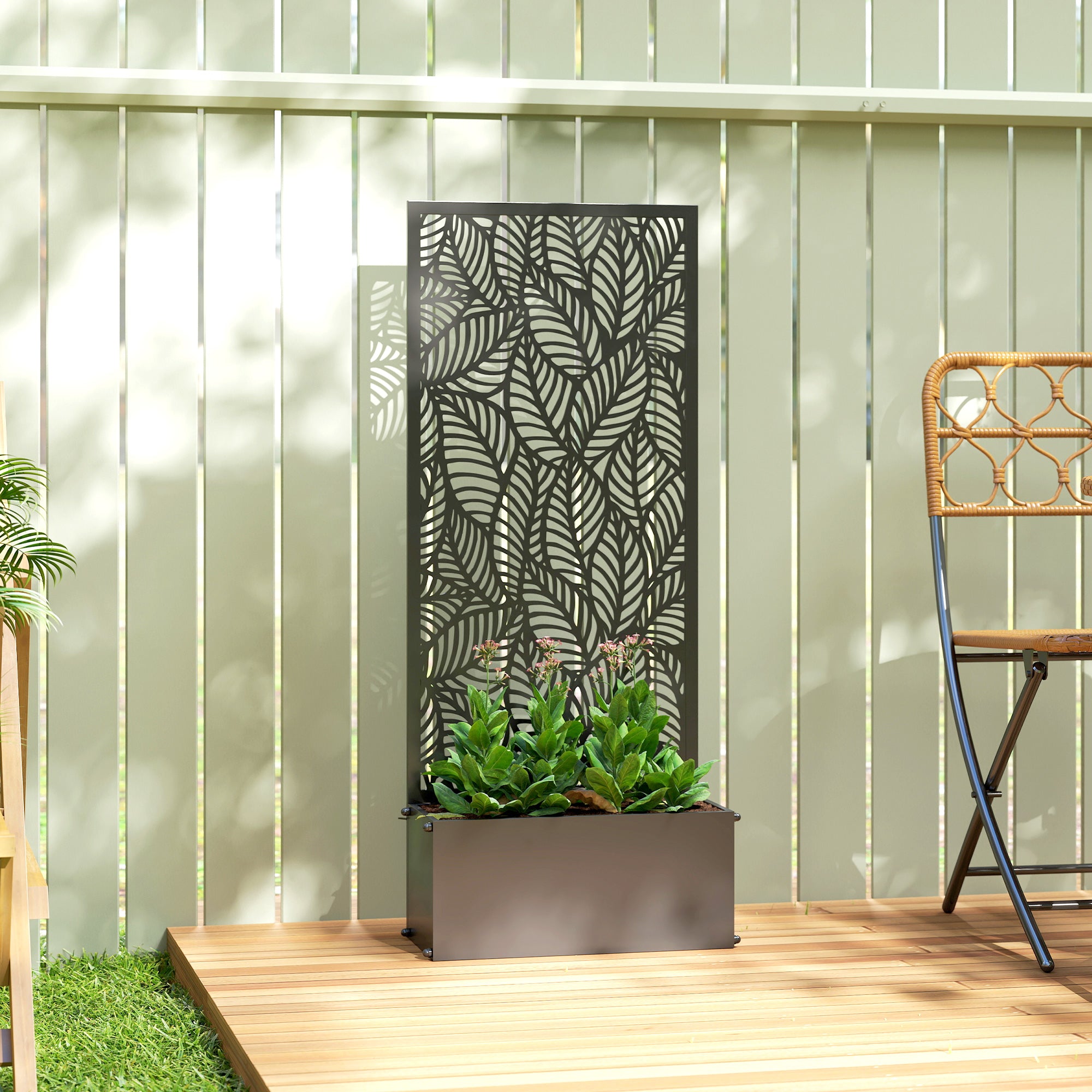 Metal Planter with Trellis — Raised Flower Bed with Privacy Screen, Leaf-Cut Design, for Climbers, Vegetables & Flowers, 45 x 21.5 x 110 cm (Black)