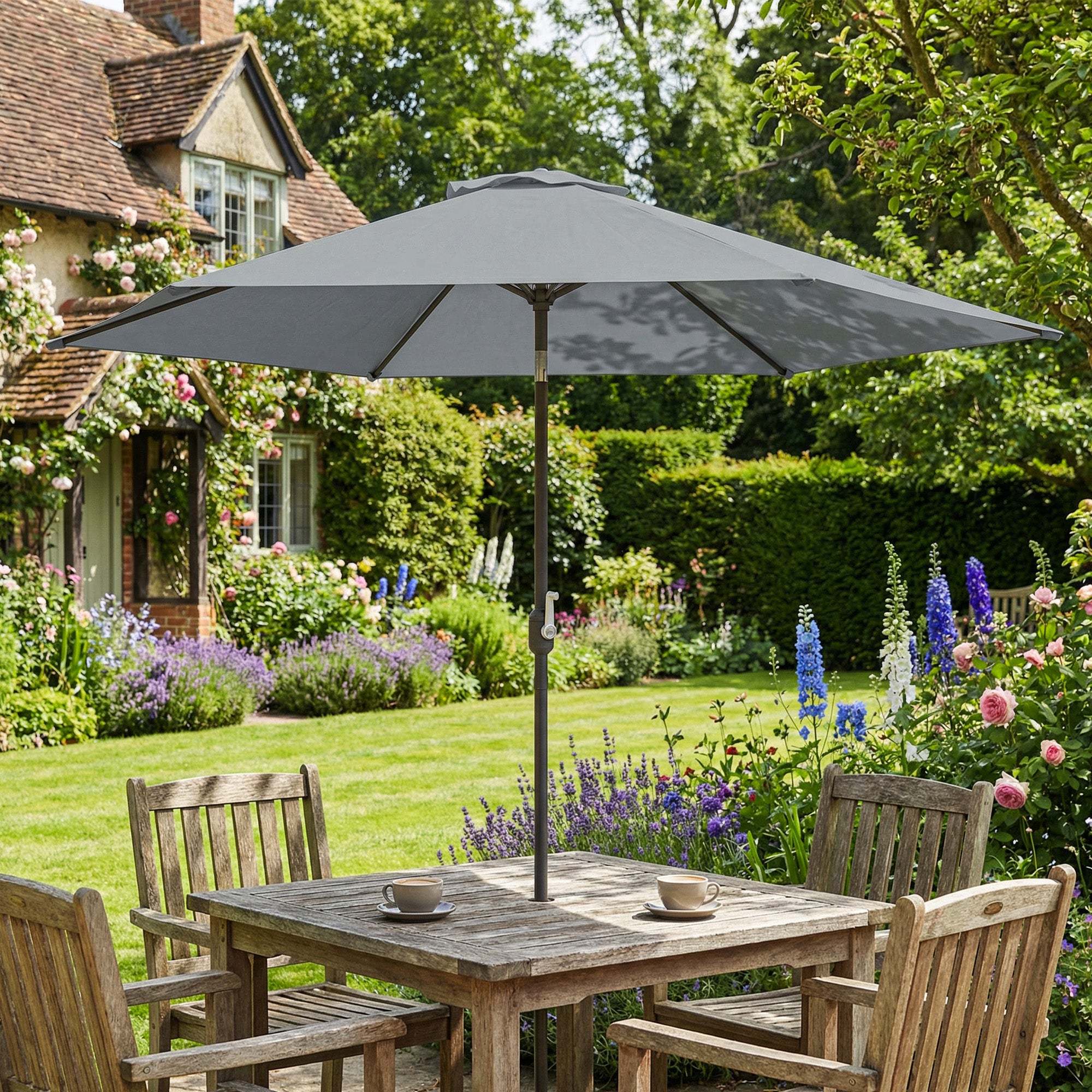 9.7 ft (295 cm) Tilting Patio Umbrella with Crank and Cover — Wind-Resistant, Vented Market Umbrella for Garden, Balcony, Terrace, Gray