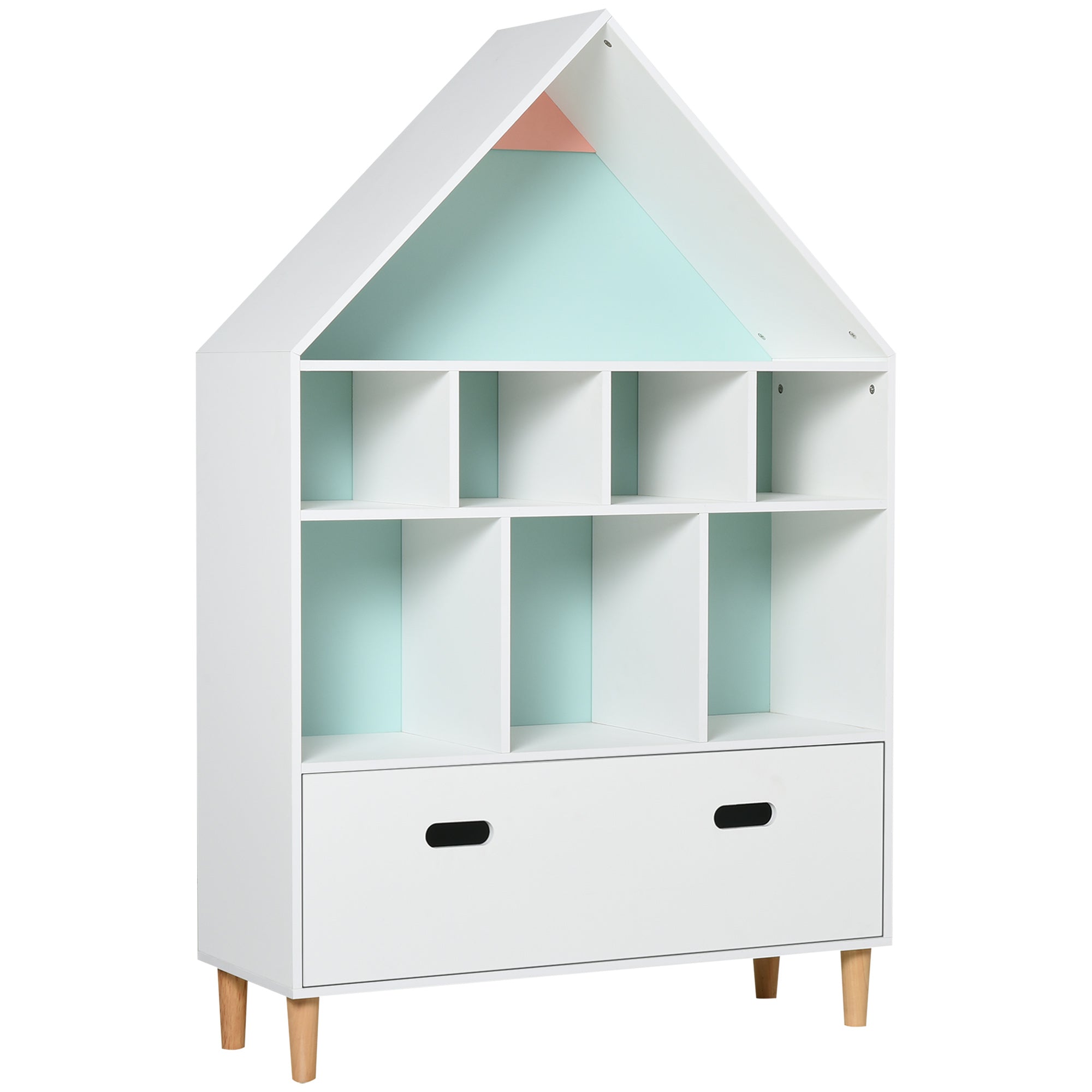 Children's Wooden Bookshelf House-Shaped Bookcase with 8 Open Compartments and 2-Color Drawer 82x30x126 cm White