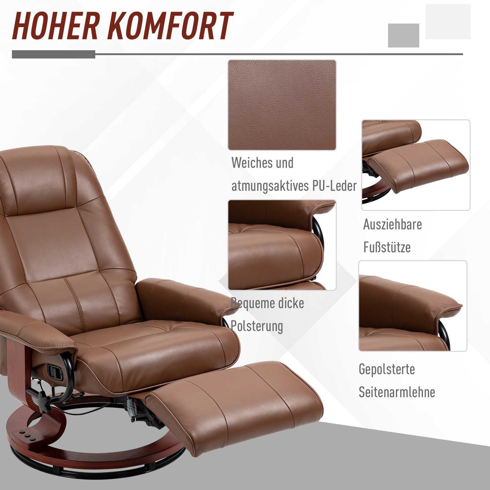 Recliner Chair Swivel TV Armchair with Reclining Function, Footrest, Recliner with Armrest, Wooden Legs for Living Room, Bedroom, Faux Leather, Brown
