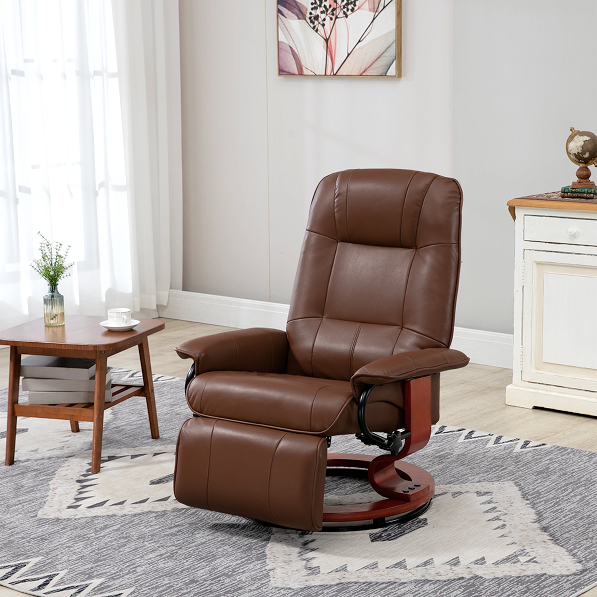 Recliner Chair Swivel TV Armchair with Reclining Function, Footrest, Recliner with Armrest, Wooden Legs for Living Room, Bedroom, Faux Leather, Brown