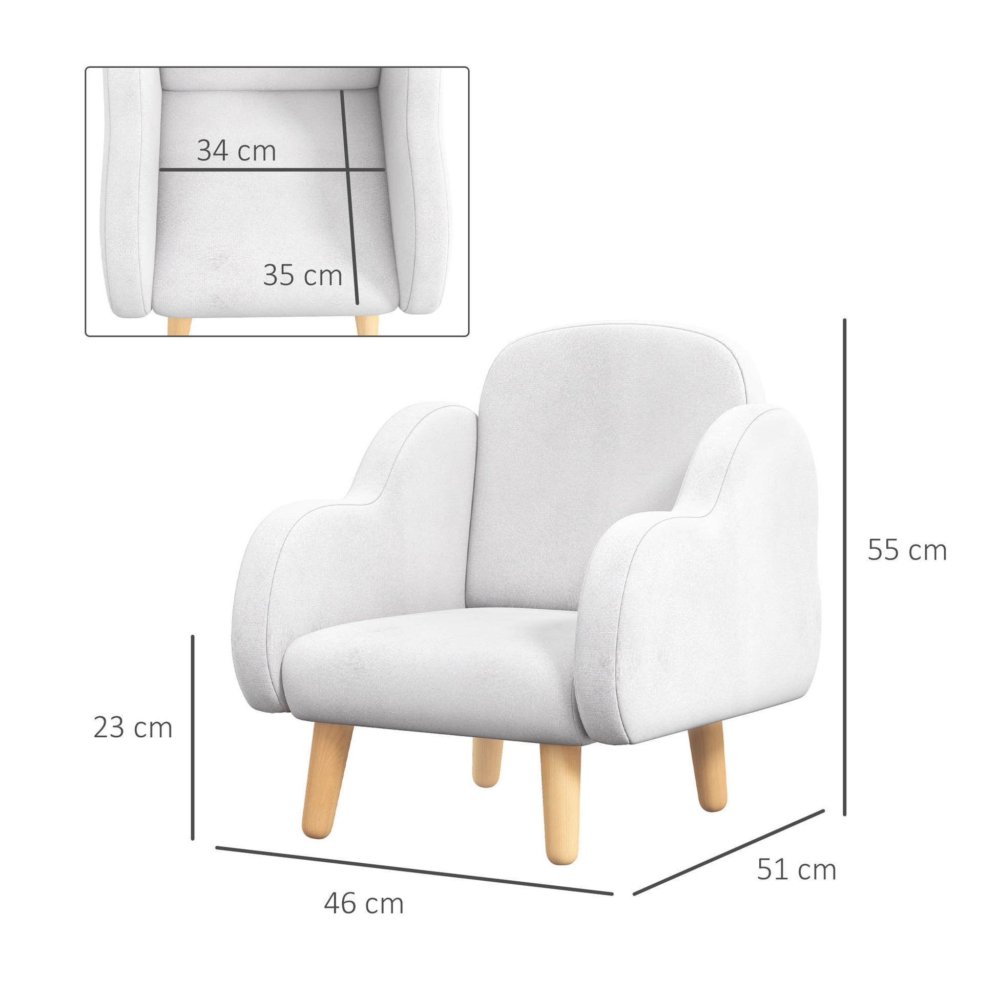 ZONEKIZ Children's Armchair Infant Armchair Cloud Design with Super Soft Touch and 4 Legs for Children 18-36 Months Load 88 lbs 18.1x20x21.7 inches White