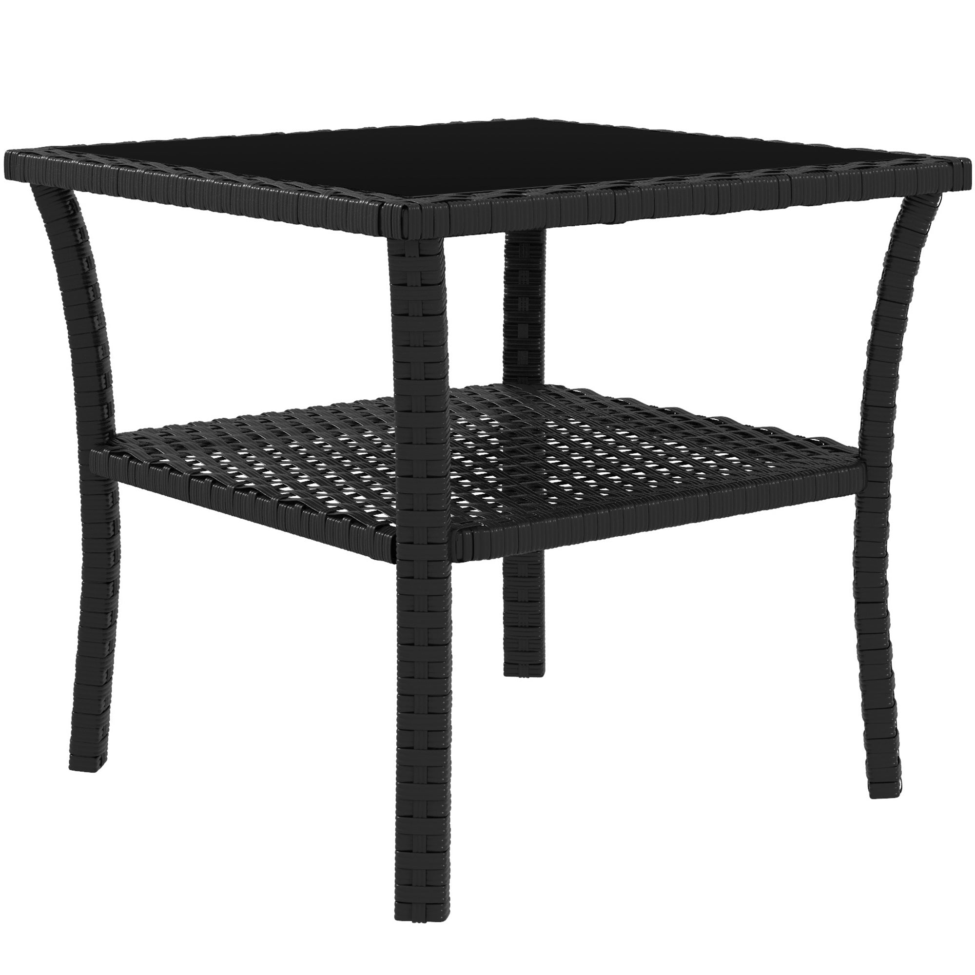 Outdoor PE Rattan Patio Table, 50 x 50 x 45 cm (19.7 x 19.7 x 17.7 in) – Weather-Resistant Square Bistro Table with Shelf & Tempered Glass Top, Seats 4, Black