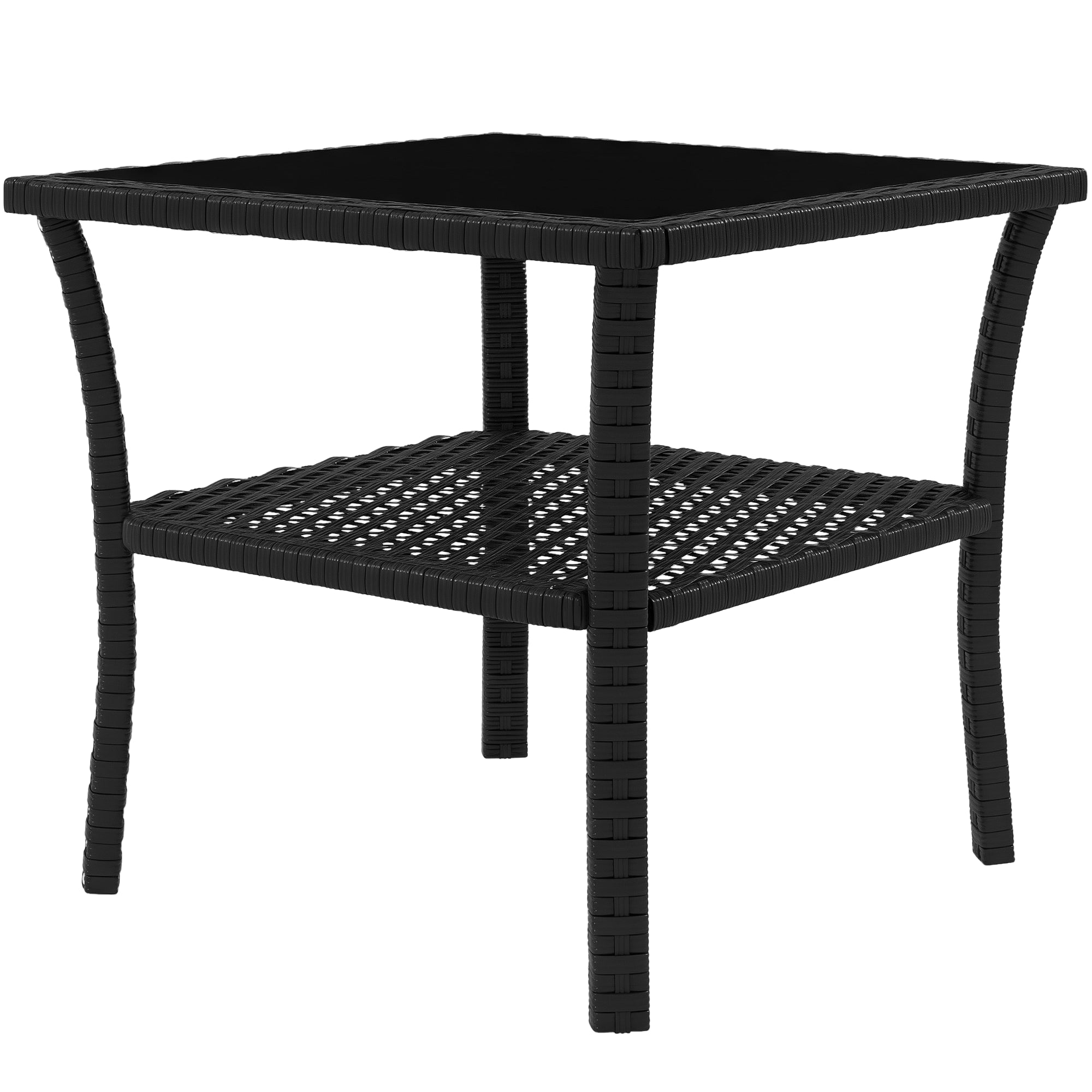 Outdoor PE Rattan Patio Table, 50 x 50 x 45 cm (19.7 x 19.7 x 17.7 in) – Weather-Resistant Square Bistro Table with Shelf & Tempered Glass Top, Seats 4, Black